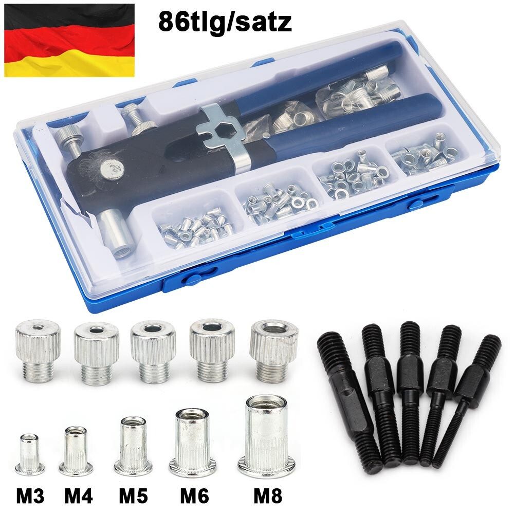 Youyijia Wendehaken 86tlg Einnietmuttern M3-M8 Gewindenieten mit Nietenzange, -]