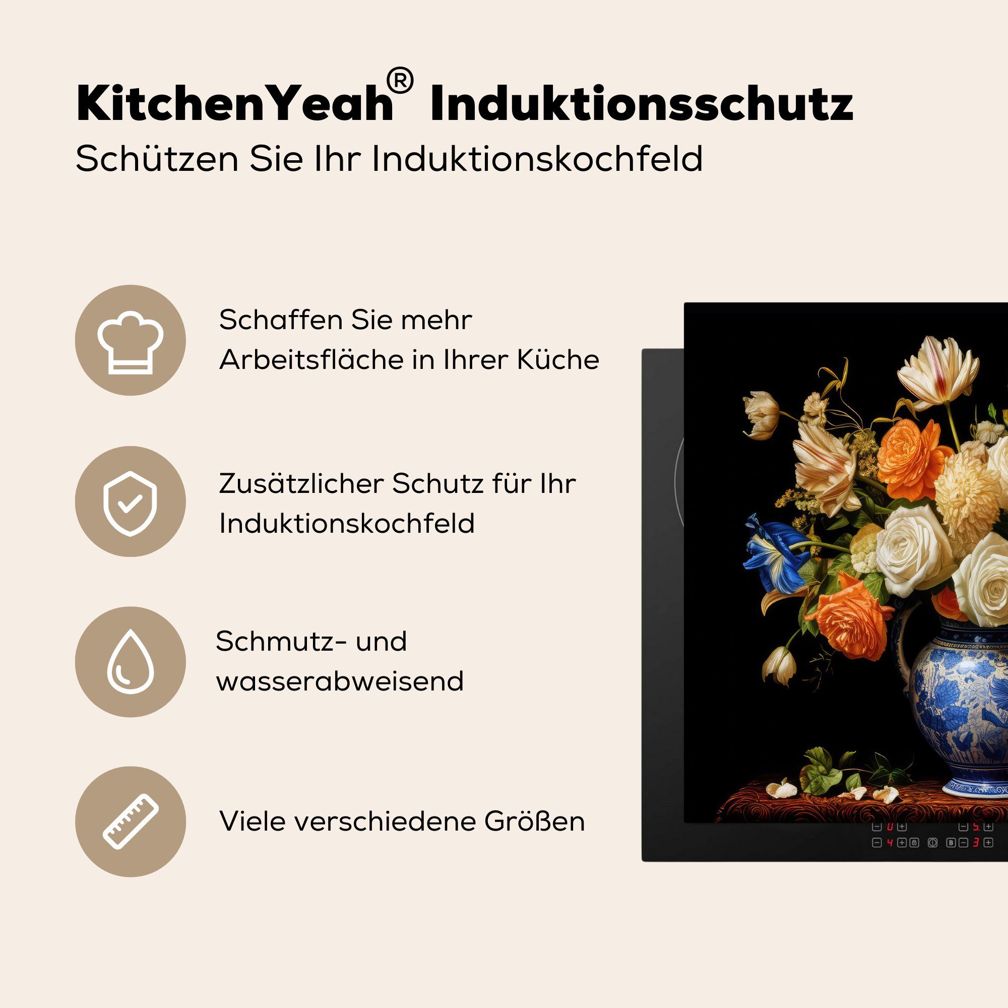 Vinyl, Herdblende-/Abdeckplatte cm, Arbeitsfläche - (1 - tlg), 60x52 Mobile Orange, Vase - Blumen MuchoWow Niederländisch Ceranfeldabdeckung nutzbar, - Stilleben