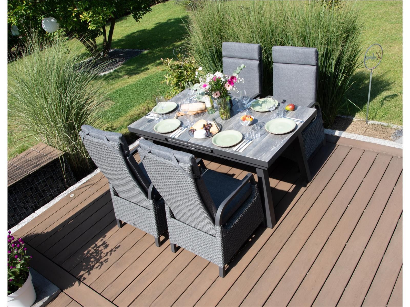 Green Spirit Garten-Essgruppe »Darwin 4« Gartenmöbel Set ausziehbar Sitzgruppe Outdoor Garnitur, (Set, 5-tlg., 1x Tisch 4x Hochlehner Gartenstühle), Aluminium, für 4 Personen, wetterfest - Garten, Terrasse & Outdoor