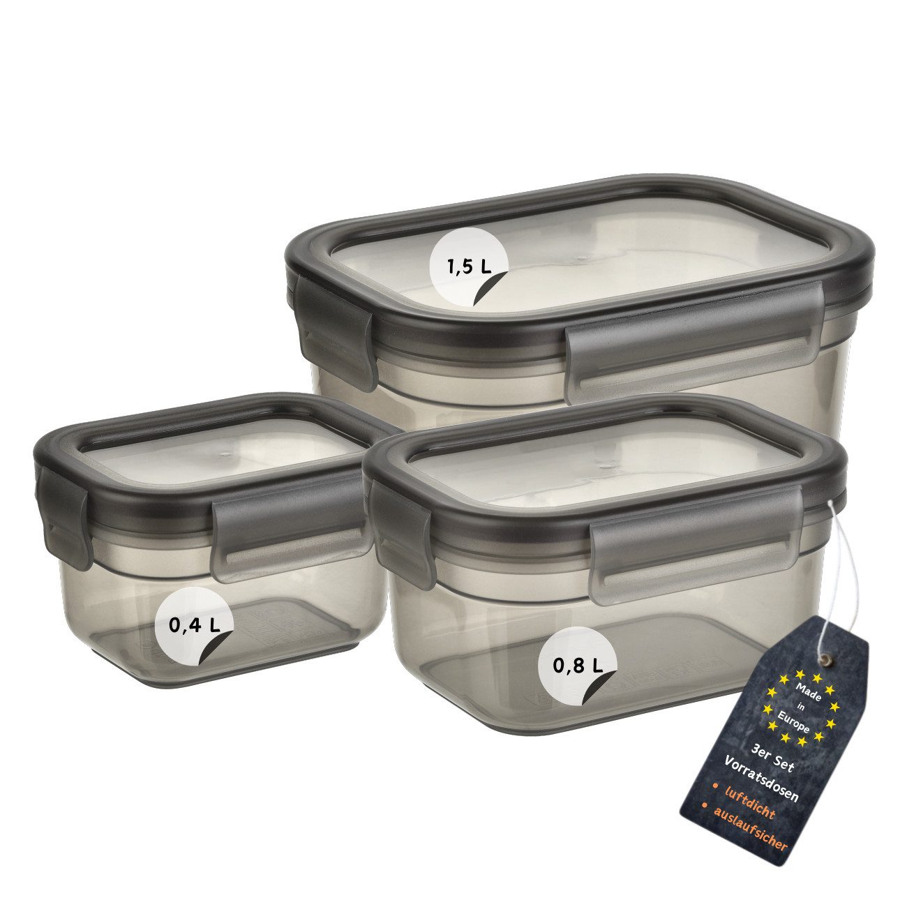 Engelland Frischhaltedose 3er Set Aufbewahrungsdosen mit Deckel, Vorratsdose, Frischhaltedose, Kunststoff/Silikon, (Vorteils-Set, 3-tlg., 0,4 L / 0,8 L / 1,5 L), luftdicht, auslaufsicher, stapelbar, BPA-frei, verschiedene Größen