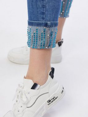 Sarah Kern Ankle-Jeans Röhrenjeans koerpernah mit aufwendiger Steinapplikation