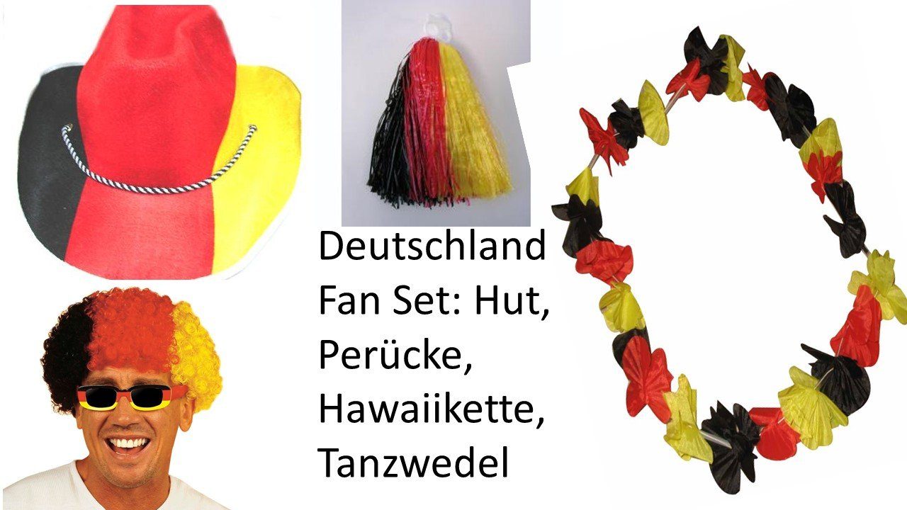 Scherzwelt Partyanzug Deutschland Set in den Farben Schwarz Rot Gold – Hut, Perücke, Blumenkette, Tanzwedel