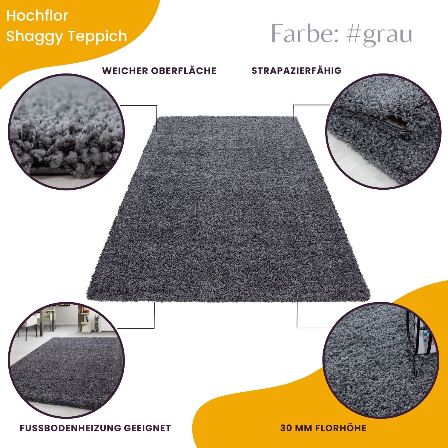 30 mm, Höhe: Teppich Grau Teppium, Läufer, Wohnzimmer Einfarbig, - Unicolor Teppich