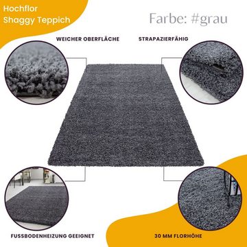 Teppich Unicolor - Einfarbig, Teppium, Rund, Höhe: 30 mm, Teppich Wohnzimmer Shaggy Einfarbig Grau Modern Flauschig Weiche