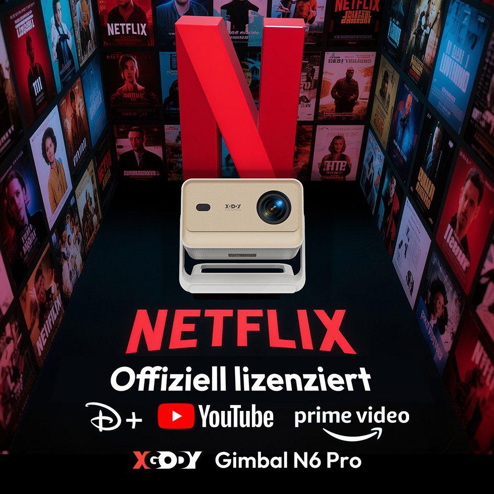 XGODY N6 Pro Beamer 4K Mit Netflix Zertifizierung(Autofokus) UHD-Beamer (25000 lm, 20000:1, 3840 x 2160 px (700 ANSI) px, Native 1080P Full HD Beamer mit WiFi 6, automatische Trapezkorrektur)