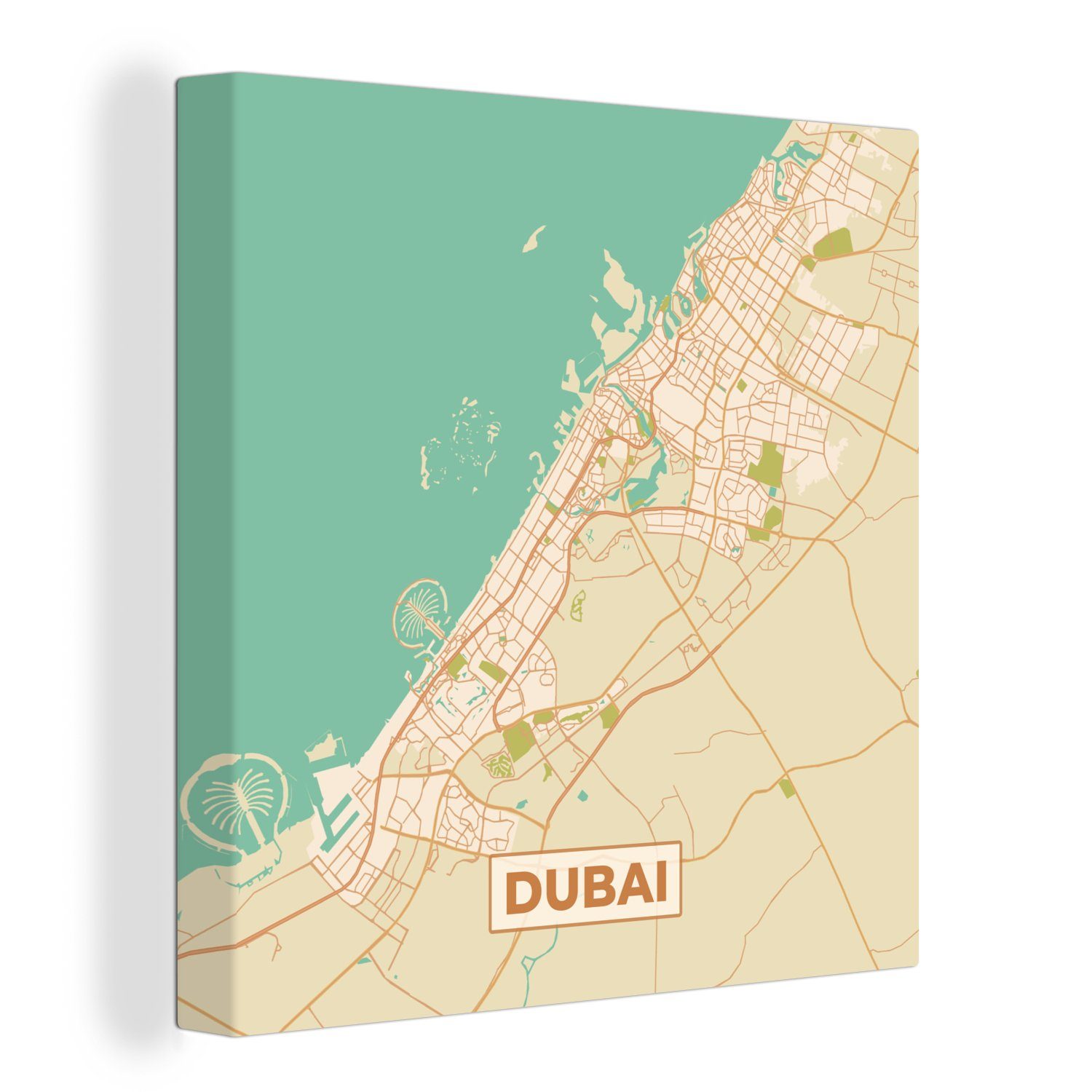 OneMillionCanvasses® Leinwandbild Dubai - Karte - Stadtplan - Vintage, (1 St), Leinwand Bilder für Wohnzimmer Schlafzimmer