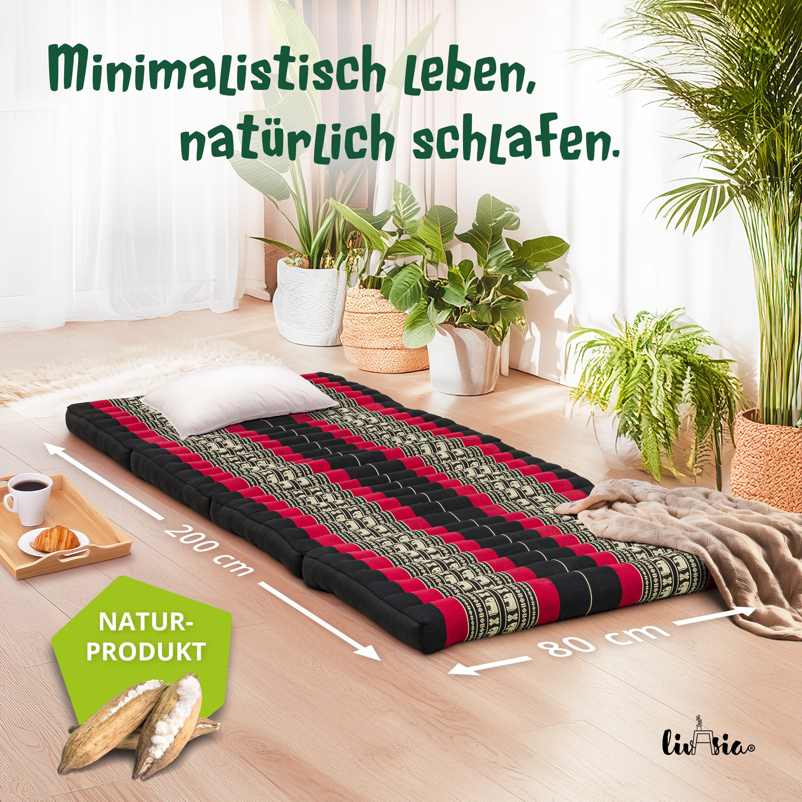 Klappmatratze Faltmatratze 80 cm (Classic) - 200x80x8cm, livasia, 8 cm hoch, Kapok, vegan, handgefertigt