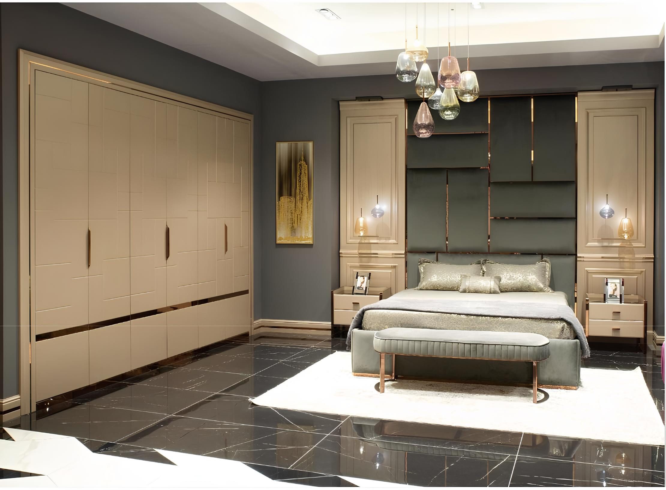 Schlafzimmer-Set Elegantes Schlafzimmermöbel in Grau mit Doppelbett und Nachttischen