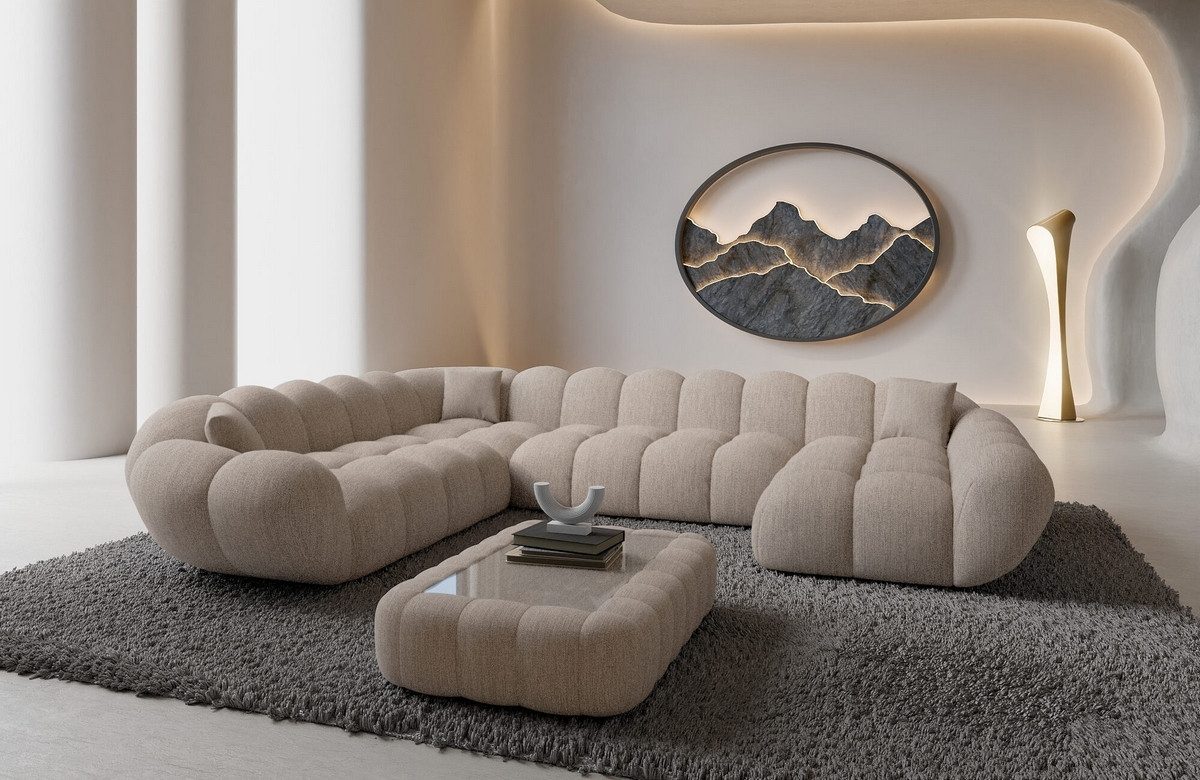 Sofa Dreams Wohnlandschaft Maleron XXL Polster Couch, 6-Sitzer, Stoff Sofa, Ottomane rechts, Strukturstoff in Beige