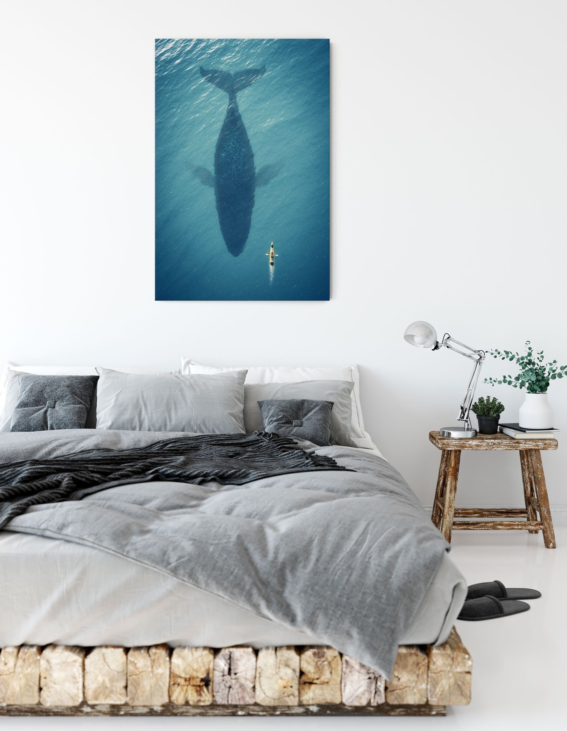 Pixxprint Leinwandbild Riesiger St), Riesiger Zackenaufhänger fertig inkl. Leinwandbild Wal bespannt, Schatten, Wal (1 Schatten