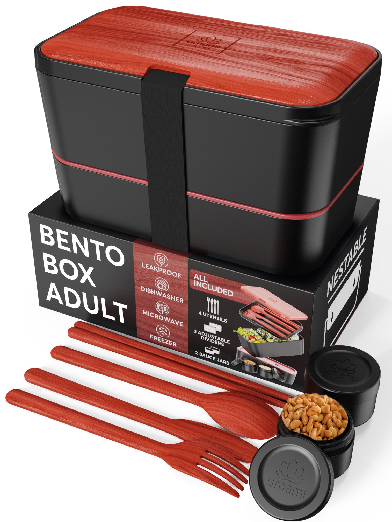 UMAMI Lunchbox Bento für Erwachsene mit Besteck und 2 Saucenbehältern, (Inkl. Zubehör Brotdose mit Fächern für Meal Prep), als Brotdosen für Salat, Snack Bento Box, Auslaufsichere Brotdose