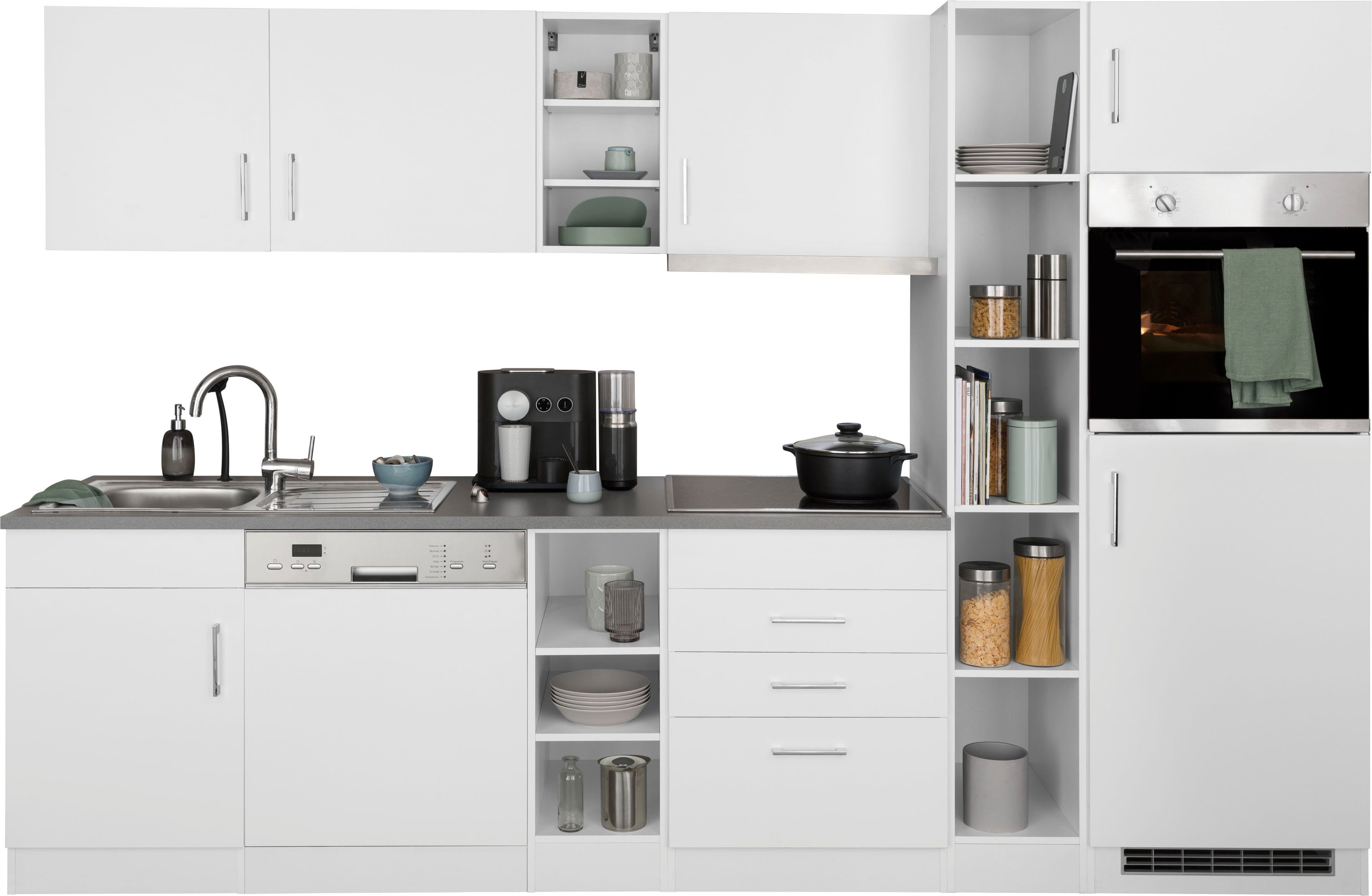 HELD MÖBEL Küchenzeile Paris, mit E-Geräten, Breite 290 cm, wahlweise mit Induktionskochfeld weiß/weiß | weiß