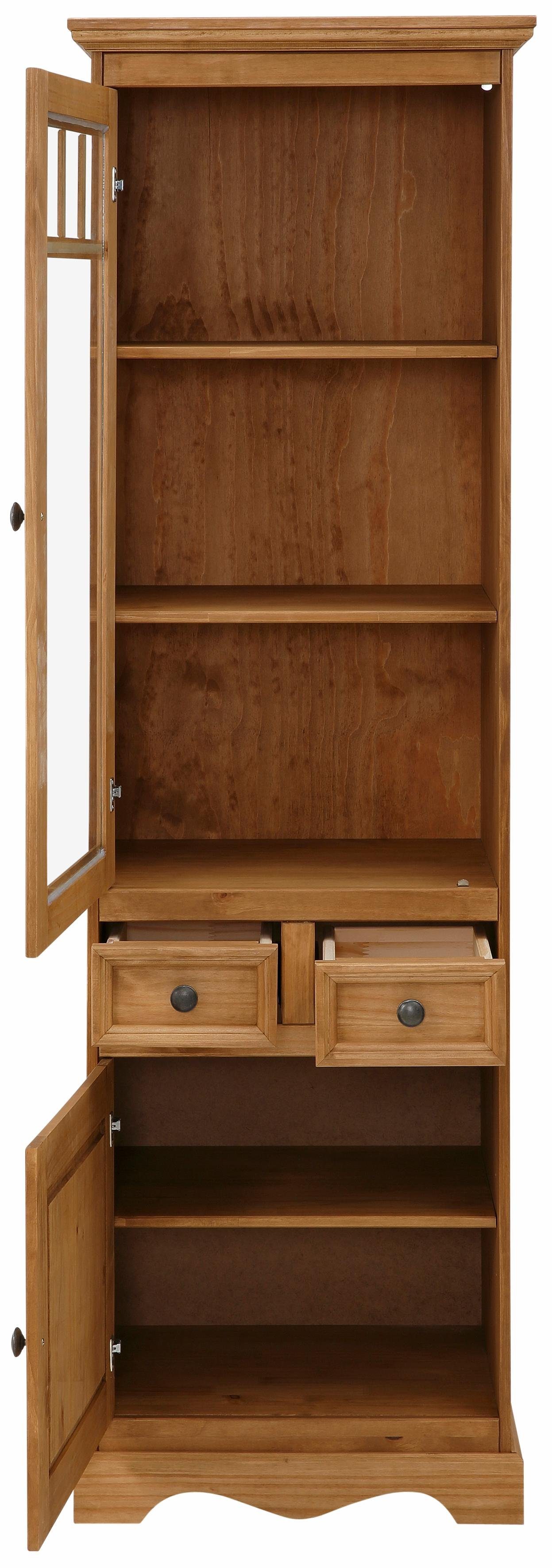 OTTO home Vitrine Melissa Hochschrank mit 2 Türen und 2 Schubläden, Metallknopfgriffe Kiefernholz, natürliche Maserung, 2 Türen, eine davon mit Glaseinsatz – Bild 4 von 5