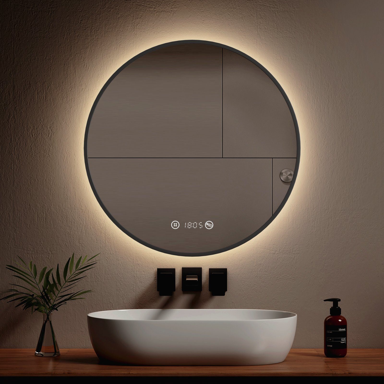 EMKE Badspiegel EMKE LED Badspiegel Rund Spiegel mit Beleuchtung Schwarz, mit Touch, Antibeschlage, Uhr, Temperatur, Dimmbar, Memory-Funktion