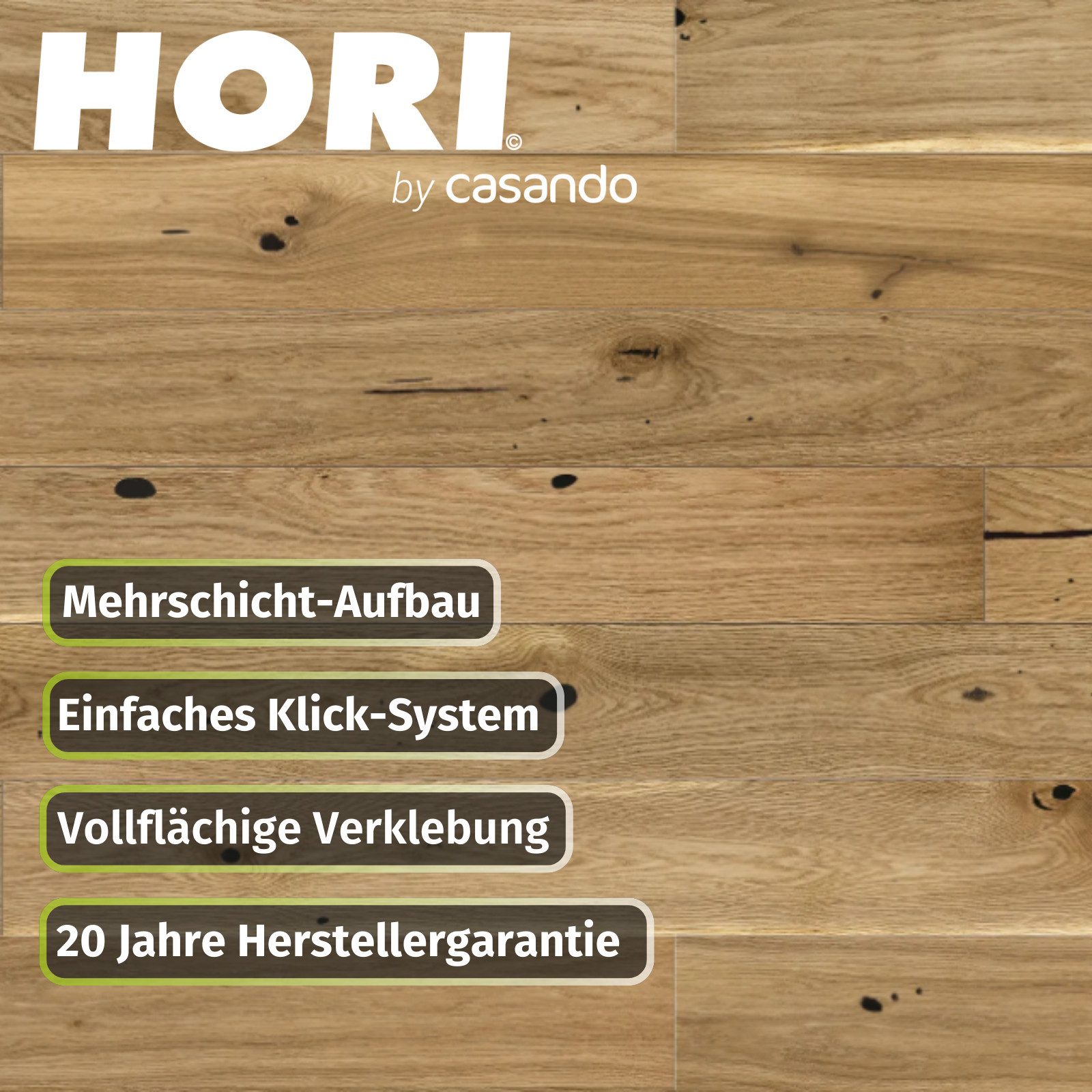 HORI Parkett HORI Parkett Esche, Boden für Wohnräume, einfache Verlegung langlebig, 7 St., 7 Stück Pro Paket, 3-Schichtig, schwimmende Verlegung, vollflächige Verklebung