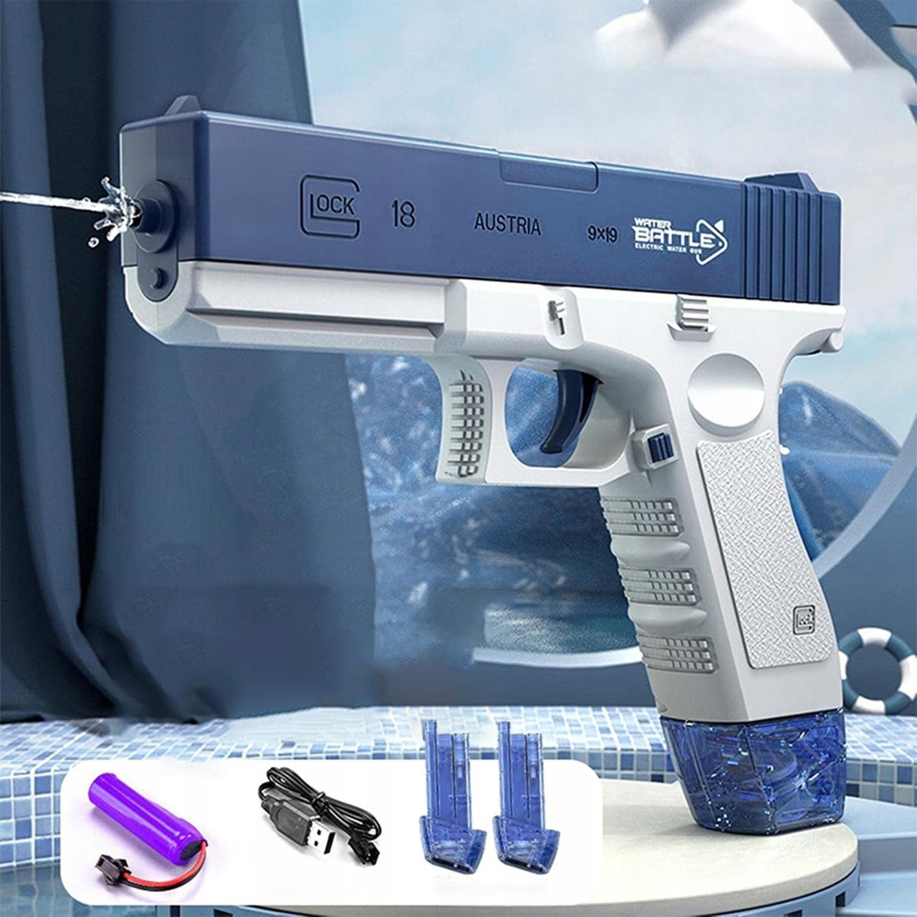 Festivalartikel Wasserpistole Elektrische Wasserpistole automatisch mit 2 Magazinen Akku USB (1-tlg)