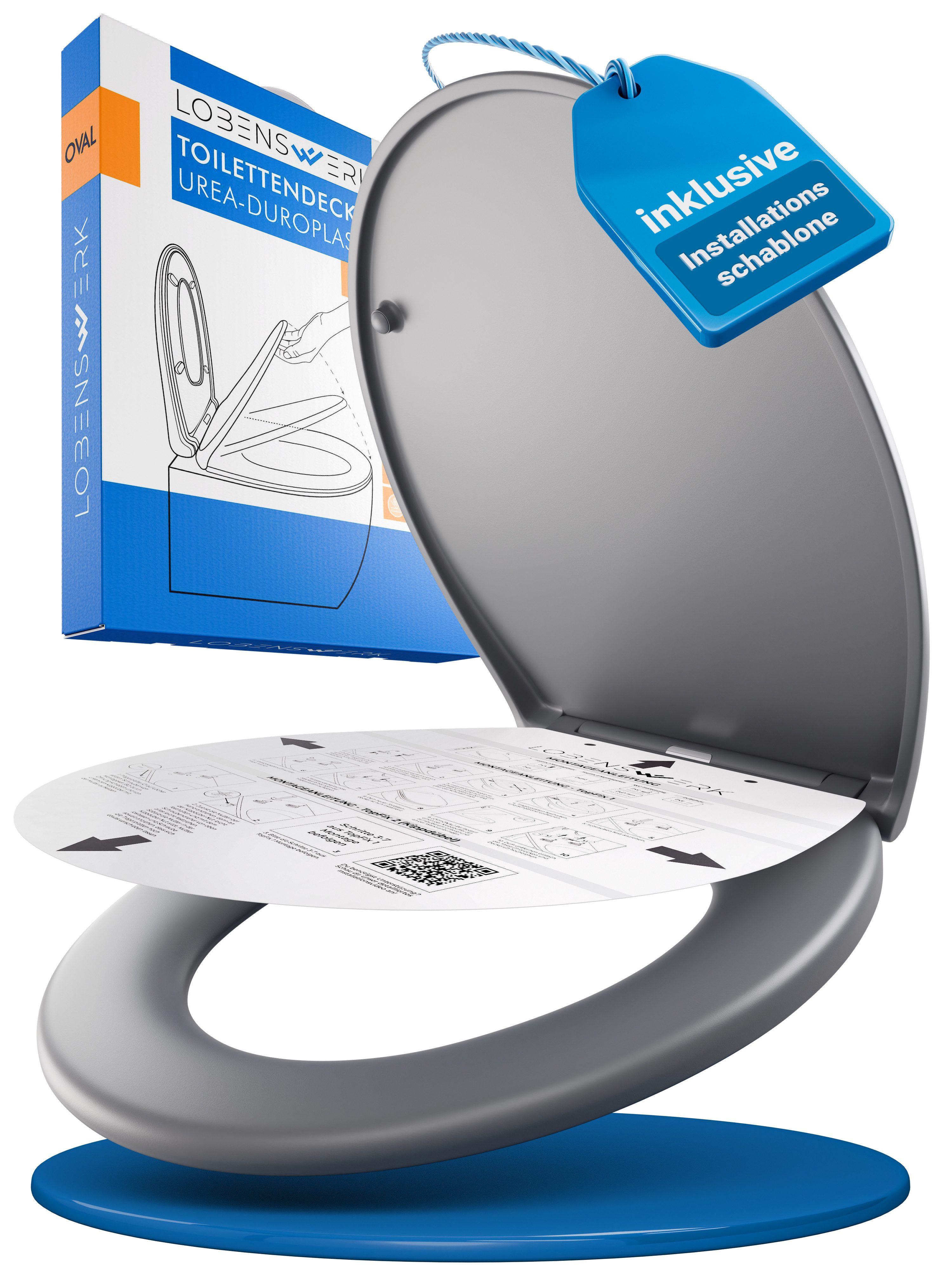 Lobenswerk WC-Sitz Toilettendeckel mit Absenkautomatik, Klodeckel, Klobrille, SoftClose, antibakteriell, UV-beständig, inkl. Installationsschablone