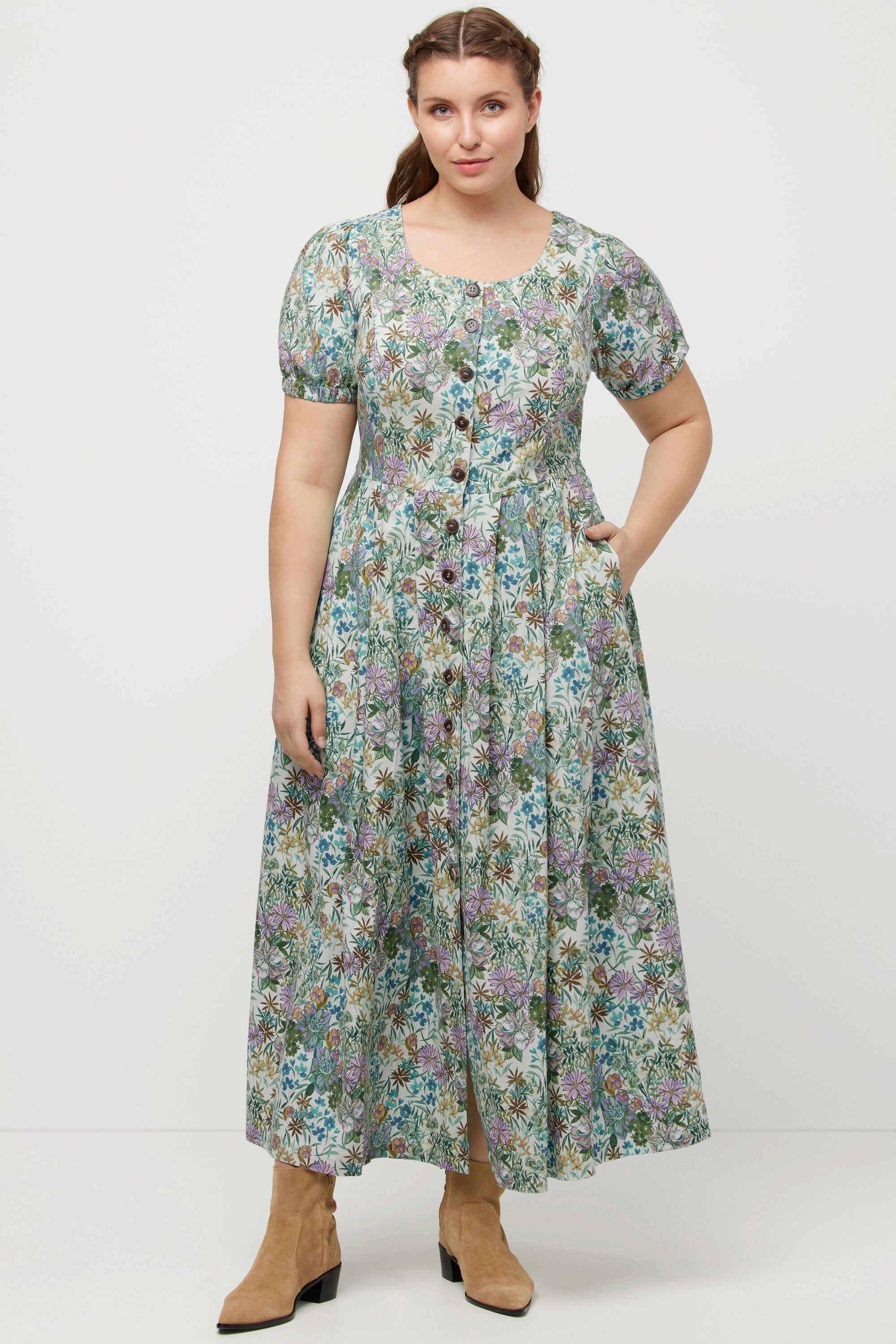 Ulla Popken Dirndl Midikleid Blüten Leinenmix günstig online kaufen
