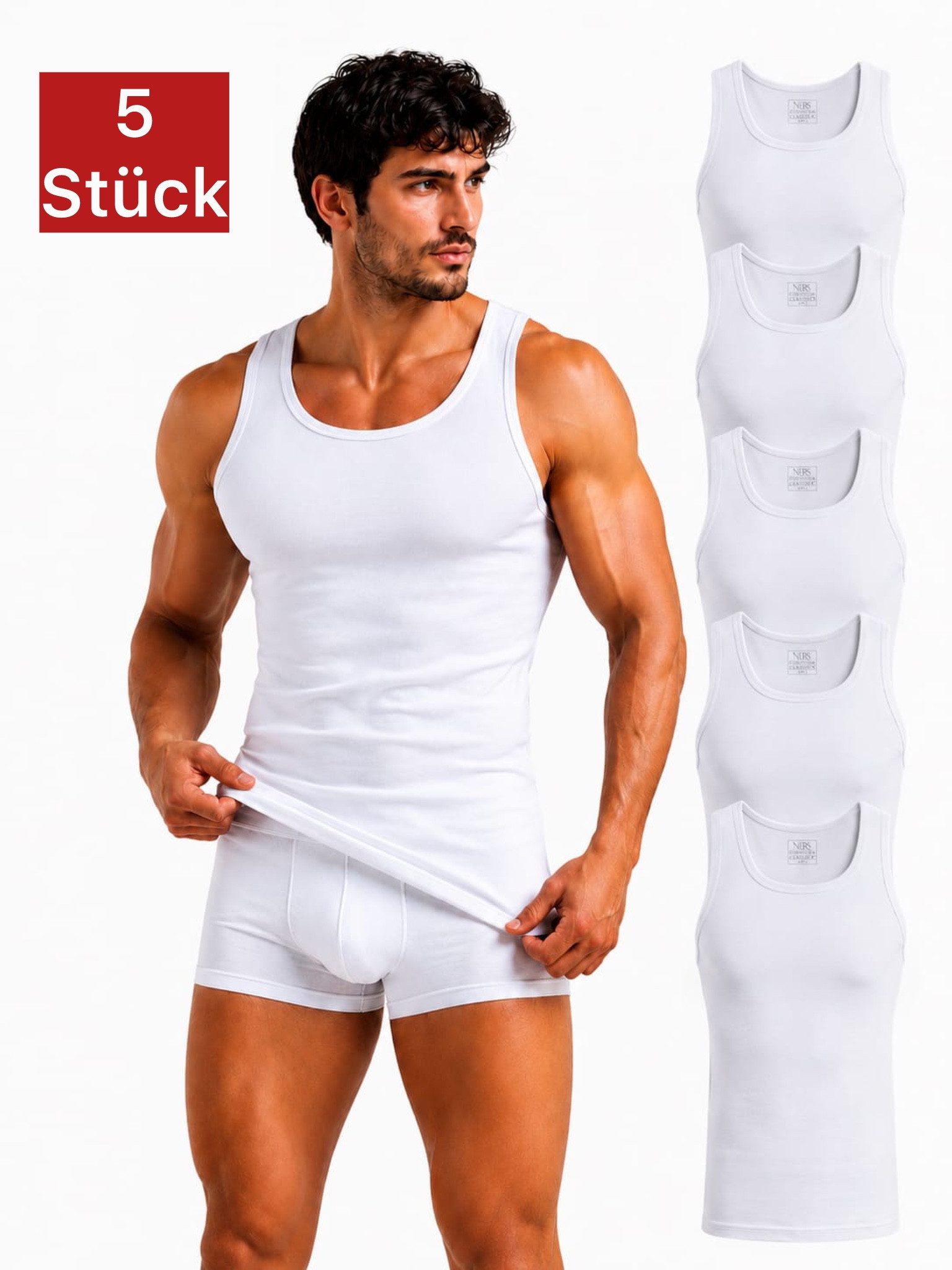 NERS Unterhemd Herren 5er Pack aus 100% Baumwolle Tank Top, formstabil & atmungsaktiv (Packung, 5-St., 5er-Pack) PREMIUM Unterhemden & Achselshirts – Feinripp in Geschenkbox