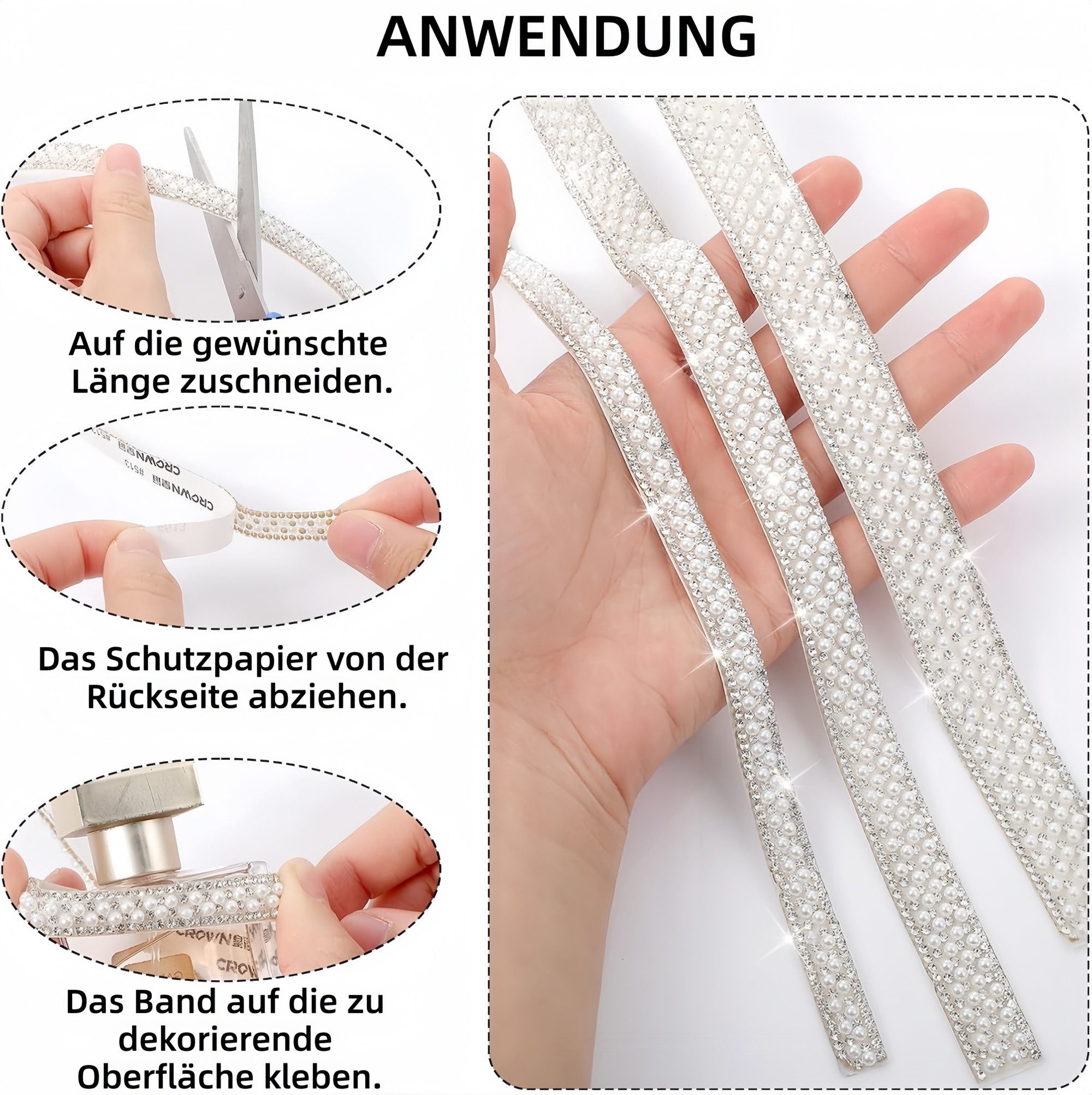 FOUORTUNATE-BEE Versteifungsband 3 Rollen selbstklebendes Perlen-Strassband für DIY, (3-St), Perlen-Strassband zum Verzieren und Basteln – Bild 3 von 5