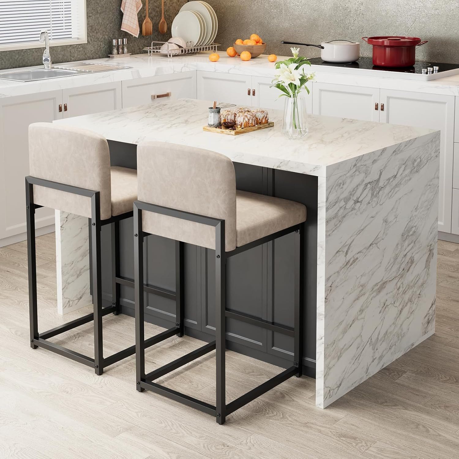 GarveeMore Barhocker 2er-Set,gepolsterte Barhocker in Tresenhöhe (63 cm),Modernes Barhocker, Tresenhocker aus Kunstleder mit Rückenlehne für Kücheninseln