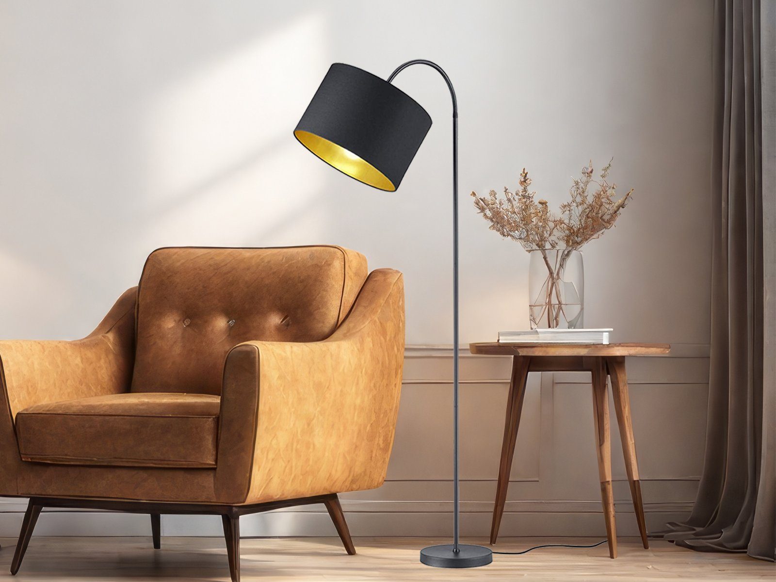 TRIO Leuchten LED Bogenlampe, Dimmfunktion, LED wechselbar, Warmweiß, dimmbar-e Leselampe für Ecke mit Stoff Lampen-schirm Schwarz Gold