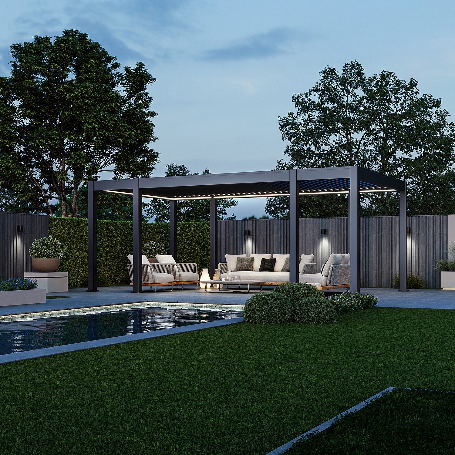 Weide Pergola Prestige Pavillon Alu LED 3,6 x 6,57 M, (Hochwertigste Aluminium-Konstruktion & verzinkte Stahl-Lamellen, Komplettset inkl. detaillierter Aufbauanleitung)