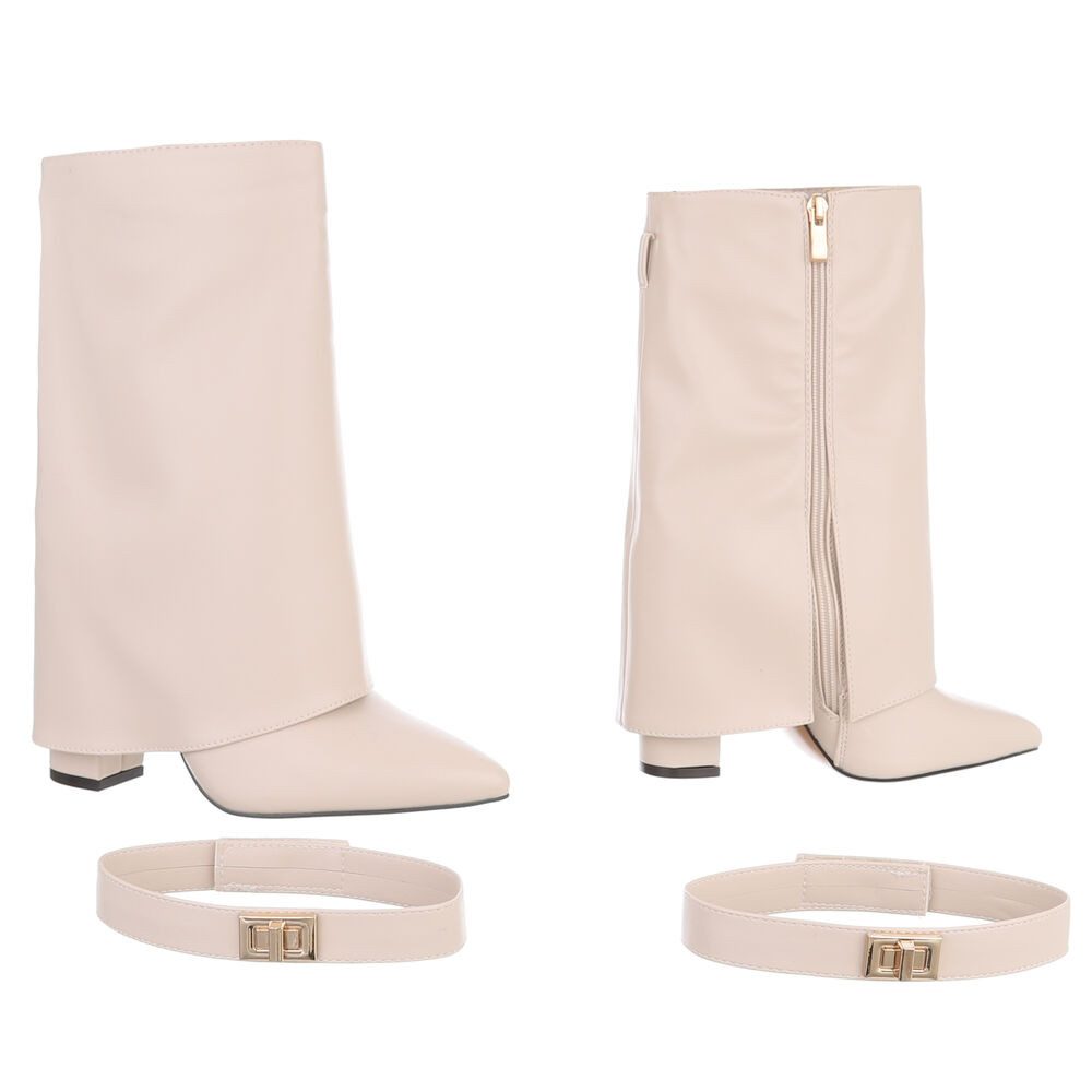 Ital-Design Elegante Stiefeletten mit umgeschlagenem Schaft für Damen High-Heel-Stiefel (90169675) Blockabsatz Stiefel in Beige