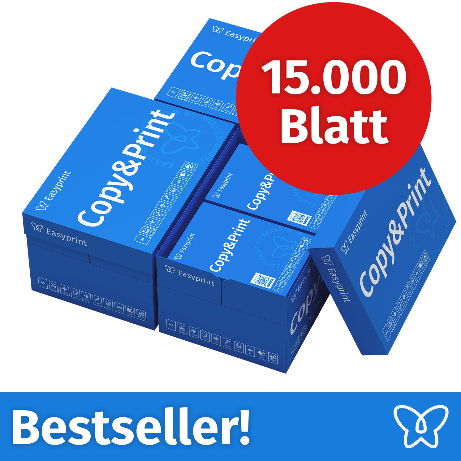 Easyprint Drucker- und Kopierpapier Kopierpapier 15000 Blatt A4 Premium Hochweiß CIE 160 Testsieger PEFC, PEFC-Zertifikat (GFA-PEFC-COC-500582)
