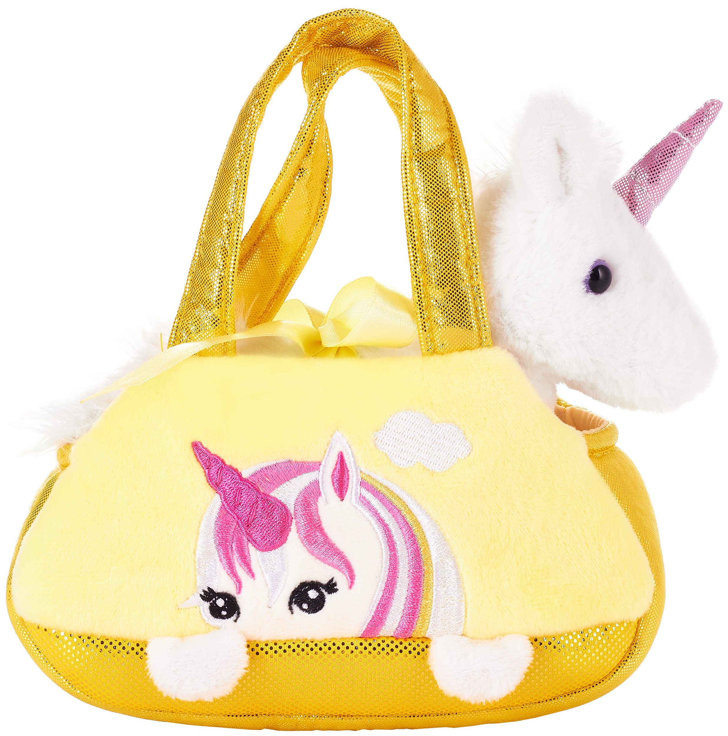 BRUBAKER Kuscheltier Einhorn Tasche Weiß 20 cm (1-St., Plüschtier in Handtasche), Glitzer Stofftier