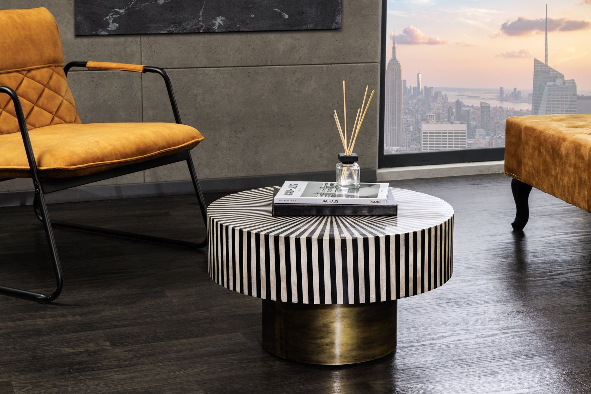 Licht-Erlebnisse Couchtisch DIEGO, Handarbeit Intarsien in Schwarz Gold Wei günstig online kaufen