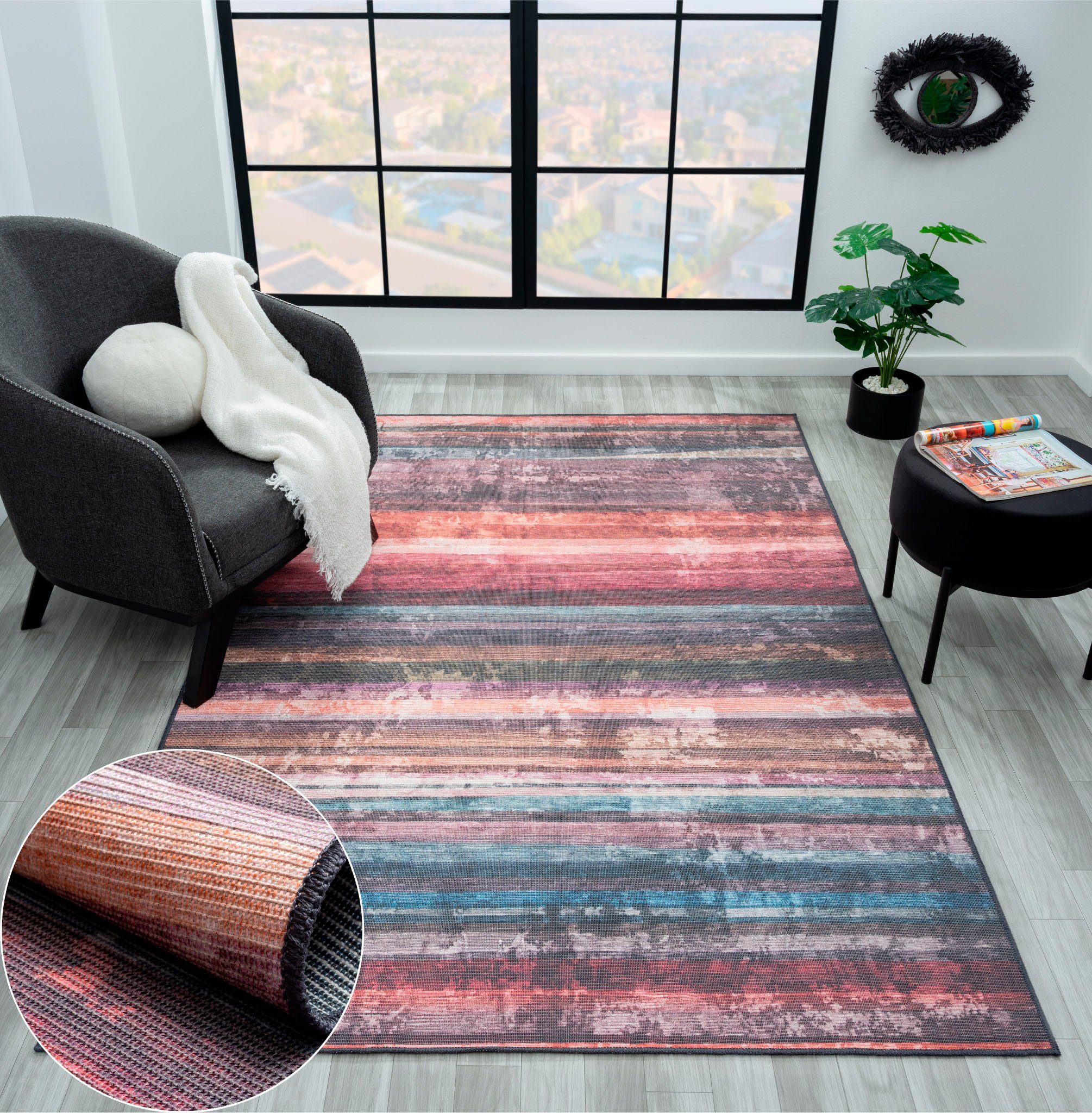 Myflair Möbel & Accessoires Teppich Reese, LAGERRÄUMUNG!, rechteckig, Höhe: 10 mm, bedruckt, gestreift, modernes Design, In- & Outdoor geeignet, waschbar