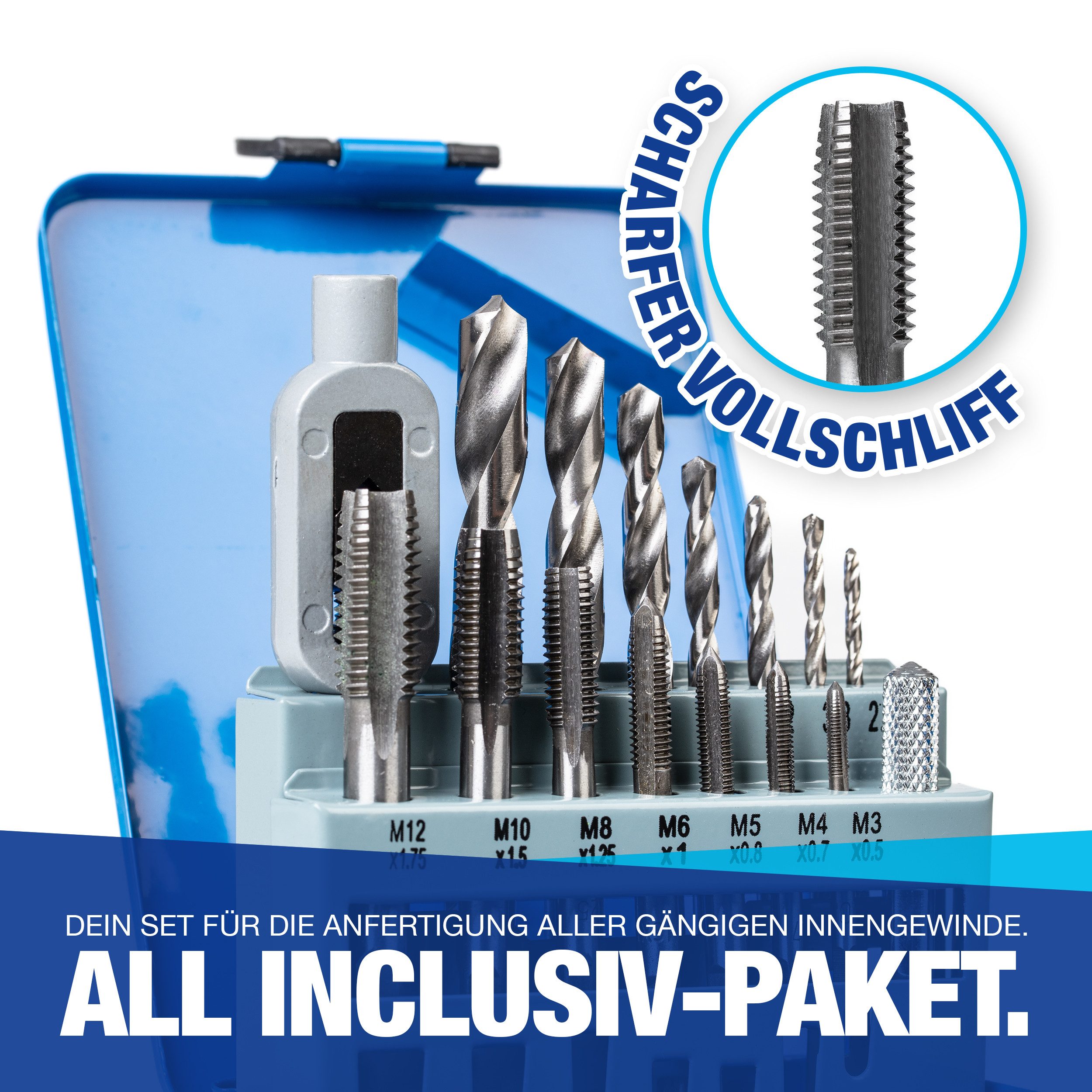NTG Nutzfahrzeug Technik GmbH Gewindeschneider aus HSS Stahl 16 tlg. Gewindebohrer Set inkl. Aufbewahrungsbox, 16-tlg., mit Kernlochbohrer Satz