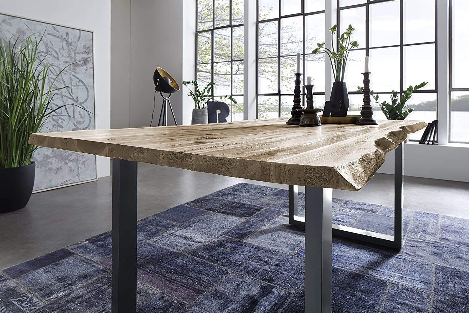 SAM® Essgruppe Lennart, Akazienholz, naturfarben, Baumkante, Metallgestell und 2 Bänken