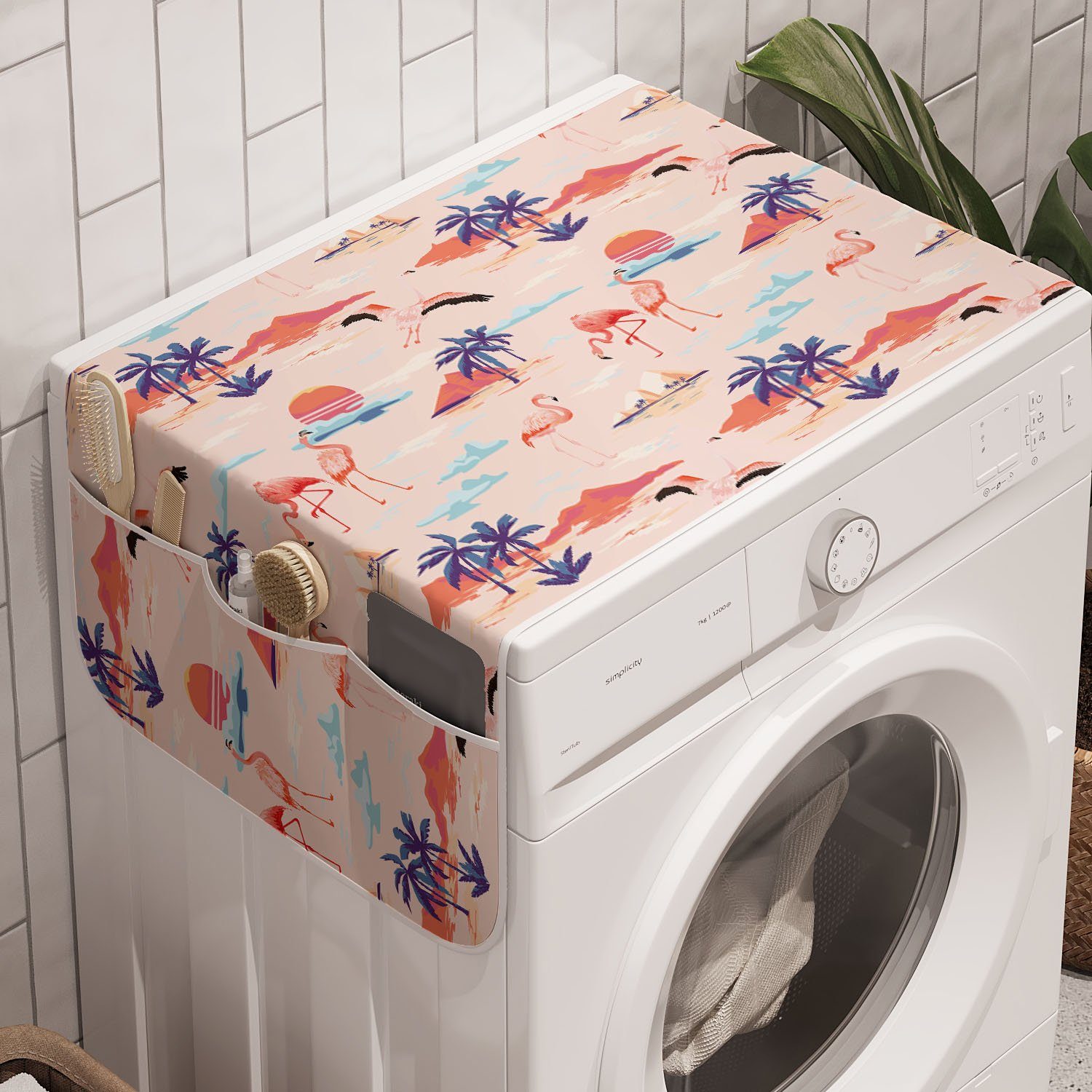 Abakuhaus Badorganizer Anti-Rutsch-Stoffabdeckung für Waschmaschine und Trockner, Exotische Flamingo Vögel auf Pastell-Kunst