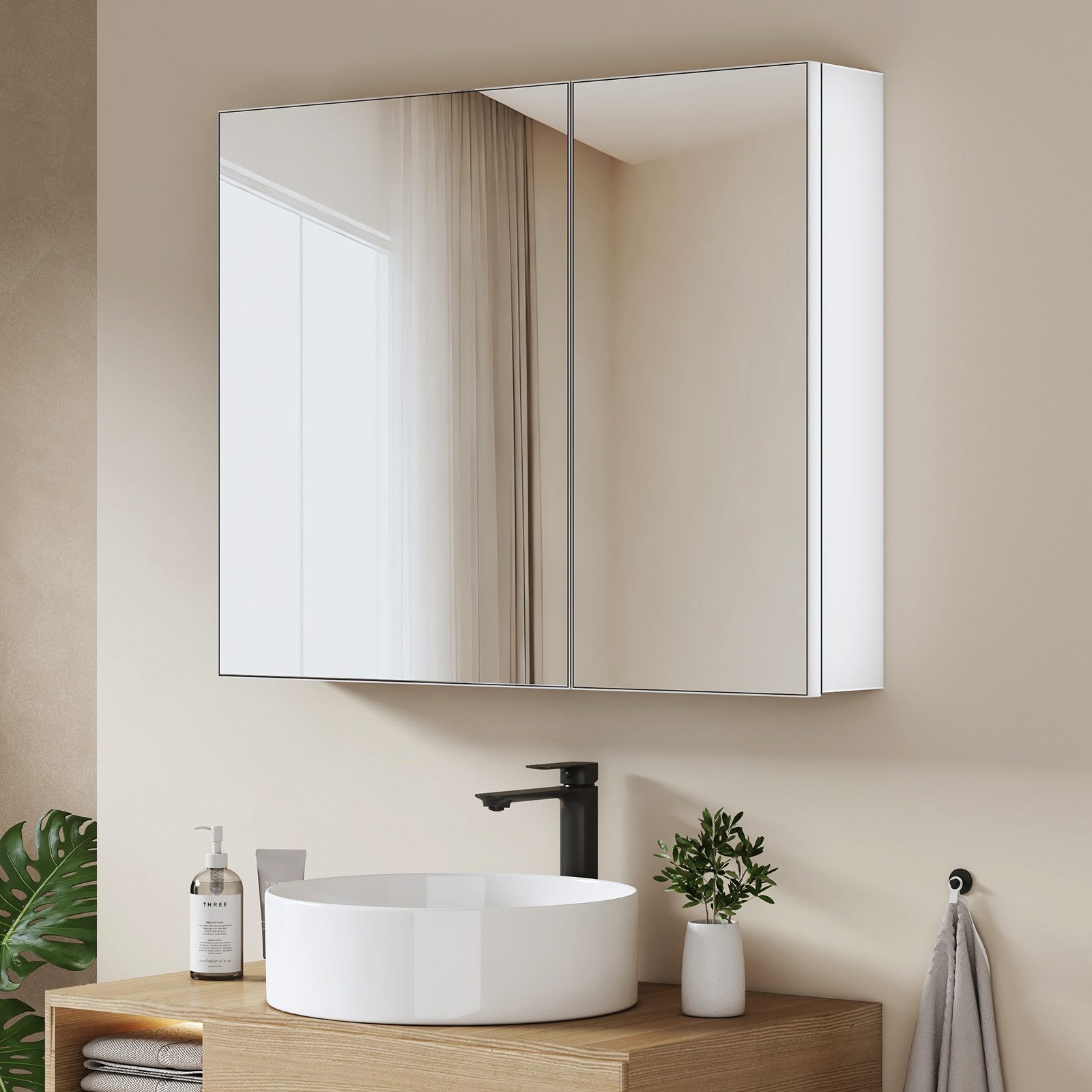 EMKE Spiegelschrank bad 75×65 /85×65cm 2-türig Badspiegelschrank Verstellbare Glasregale mit Stauraum und verstellbaren Regalen Badezimmerspiegelschrank