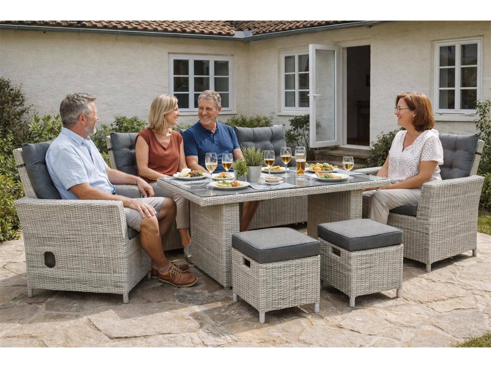 Green Spirit Loungeset Asti Polyrattan Sitzgruppe 7 Personen, Loungemöbel Lounge Gartenmöbel, (Set, 6-tlg., 1 Sofa, 2 Sessel, 2 Hocker 1 Tisch, inkl. Auflagen), Polyrattan, grau, 7 Personen, wetterfest, Garten, Terrasse, Outdoor