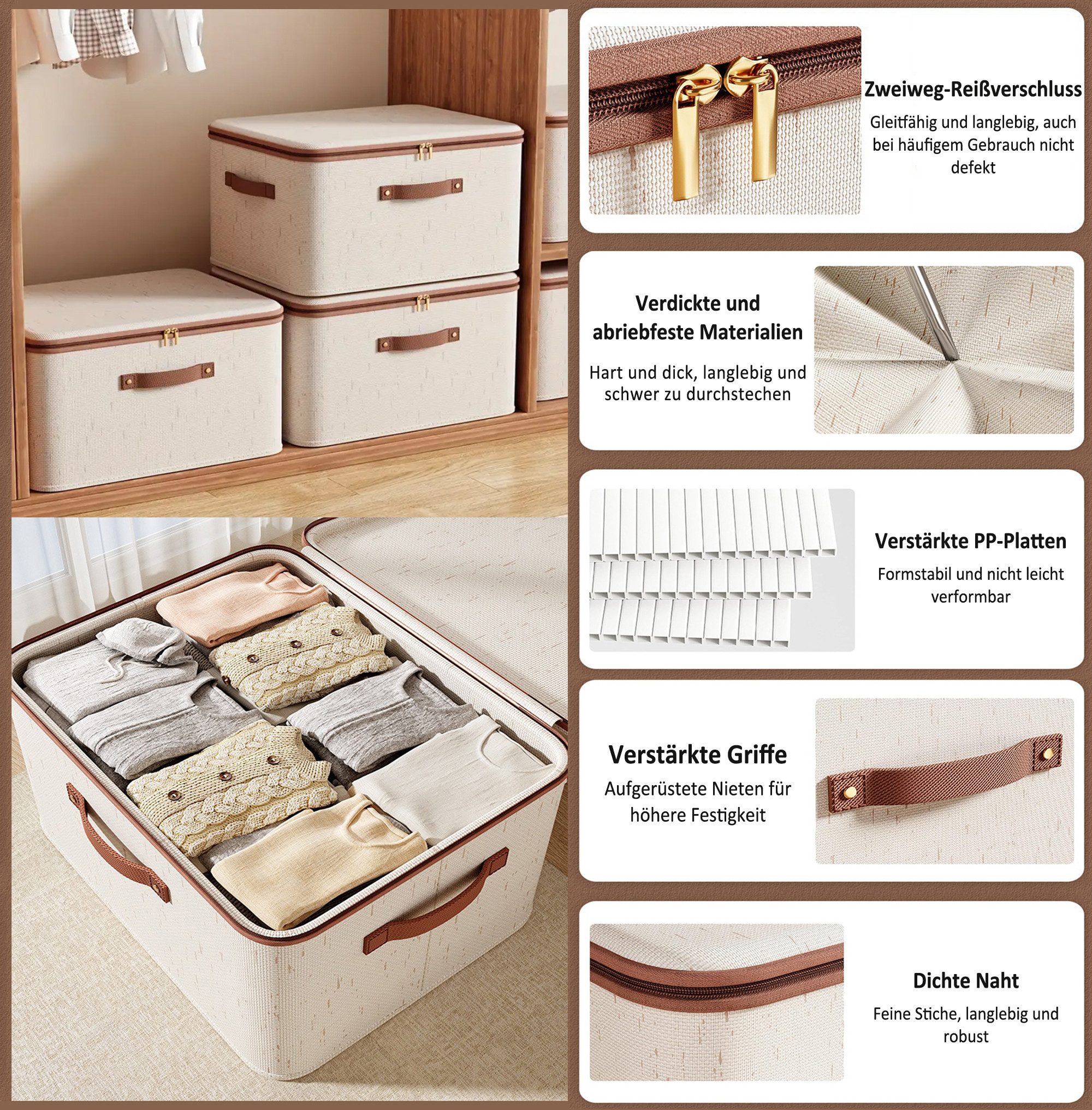 Zyronn Aufbewahrungsbox Aufbewahrungsbox mit Reißverschluss, Aufbewahrungsbox mit Deckel, große Baumwoll-Leinen-Aufbewahrungsbox – Bild 4 von 5