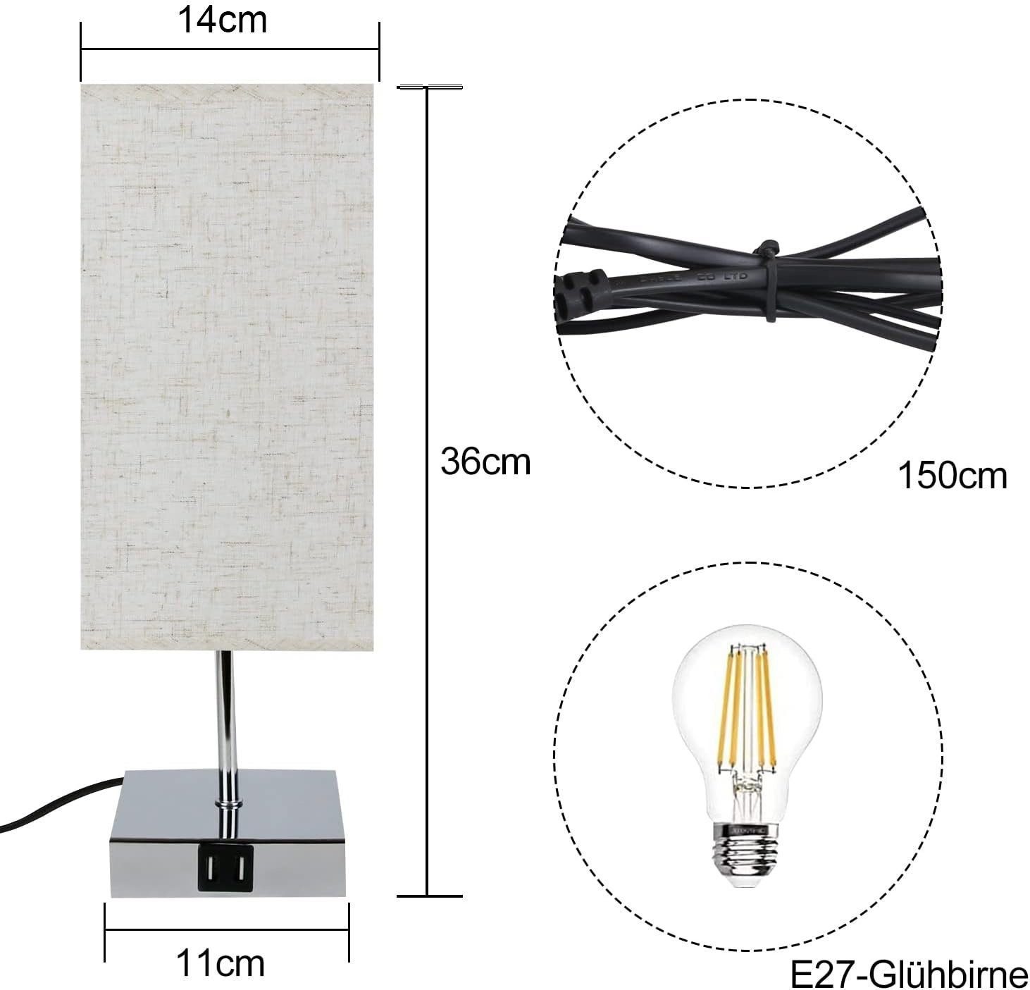 Nettlife Nachttischlampe Touch Dimmbar Warmweiße Tischleuchte für Schlafzimmer Stufenlosem, mit Ladefunktion USB, LED wechselbar, für Schlafzimmer kinderzimmer  – Bild 5 von 5