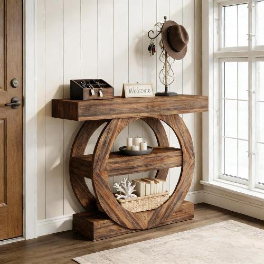 BBWL Konsolentisch im Landhausstil mit 3 offenen Regalen, schmaler Sofa Flurtisch, für Wohnzimmer und Eingangsbereich – Bild 4 von 5