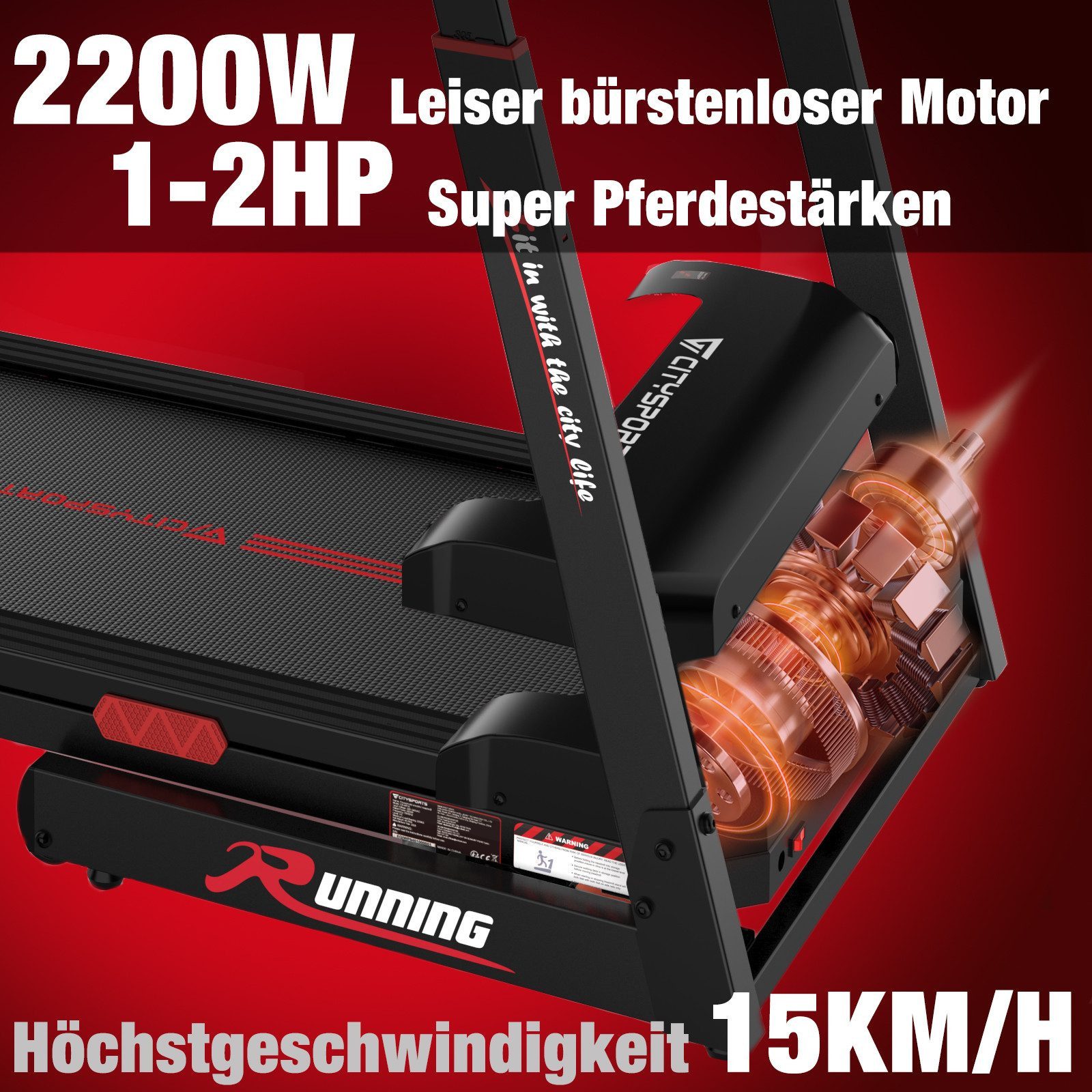 CITYSPORTS Laufband Laufband für zu Hause, Elektrischer Winkellift 15 St. mit Bosch motor, Mit Puls Max Tragfähigkeit 200kg, 2200W Motor Walking-Jogging-Pad
