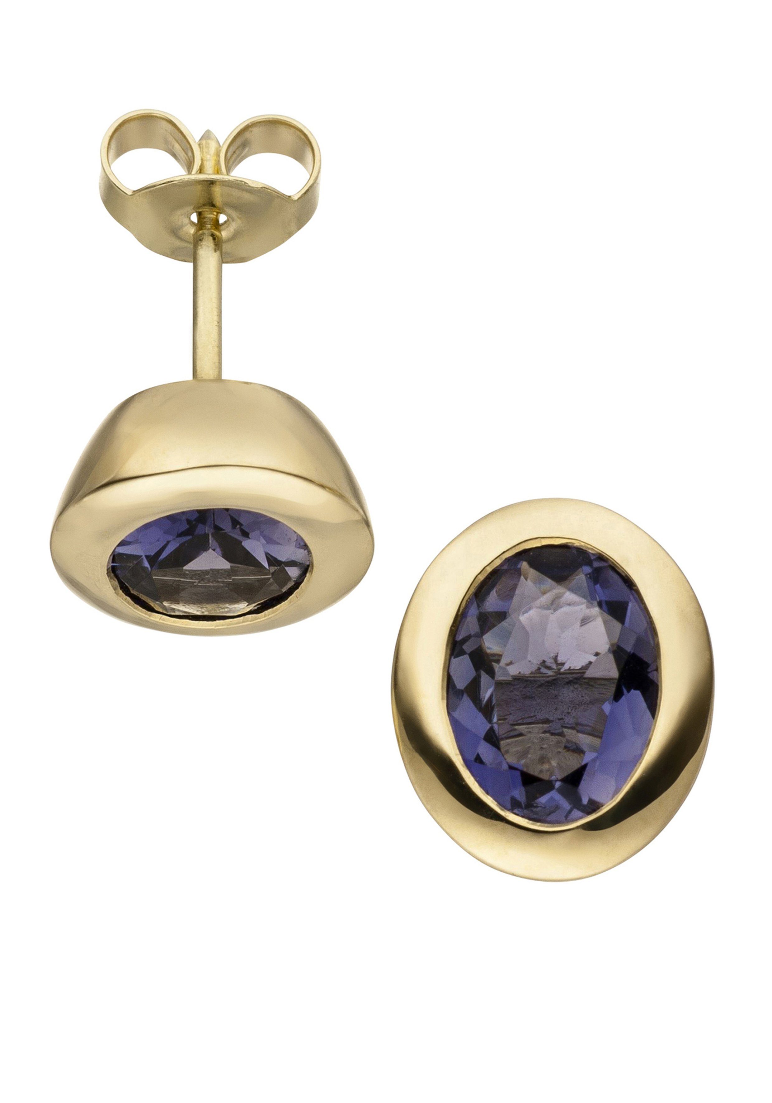 JOBO Paar Ohrstecker Ohrringe Goldohrringe oval 11 mm, 585 Gold mit Iolith