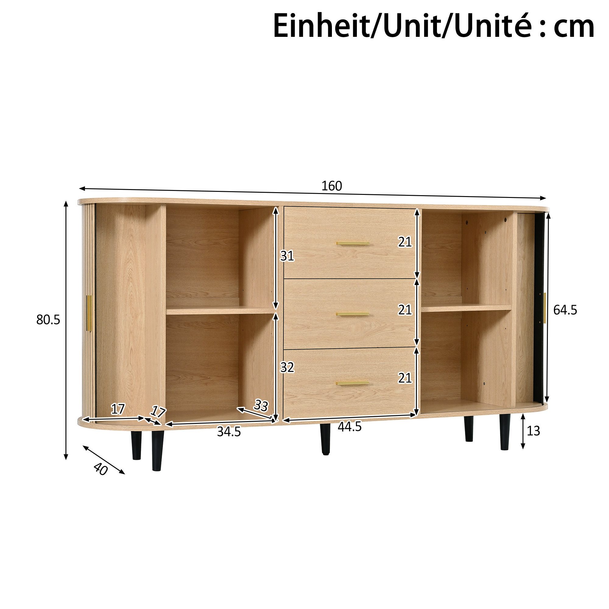 Odikalo Sideboard Schrank Kommode mit Schubladen und Schiebetüren gebogenes (Mehrzweckschrank Aufbewahrungsschrank mit drei Schubladen mittig und Schiebetüren an den Seiten gebogenes Design mit vertikaler Rillenverkleidung Metallgriffe Rohr-Eisenfüße)