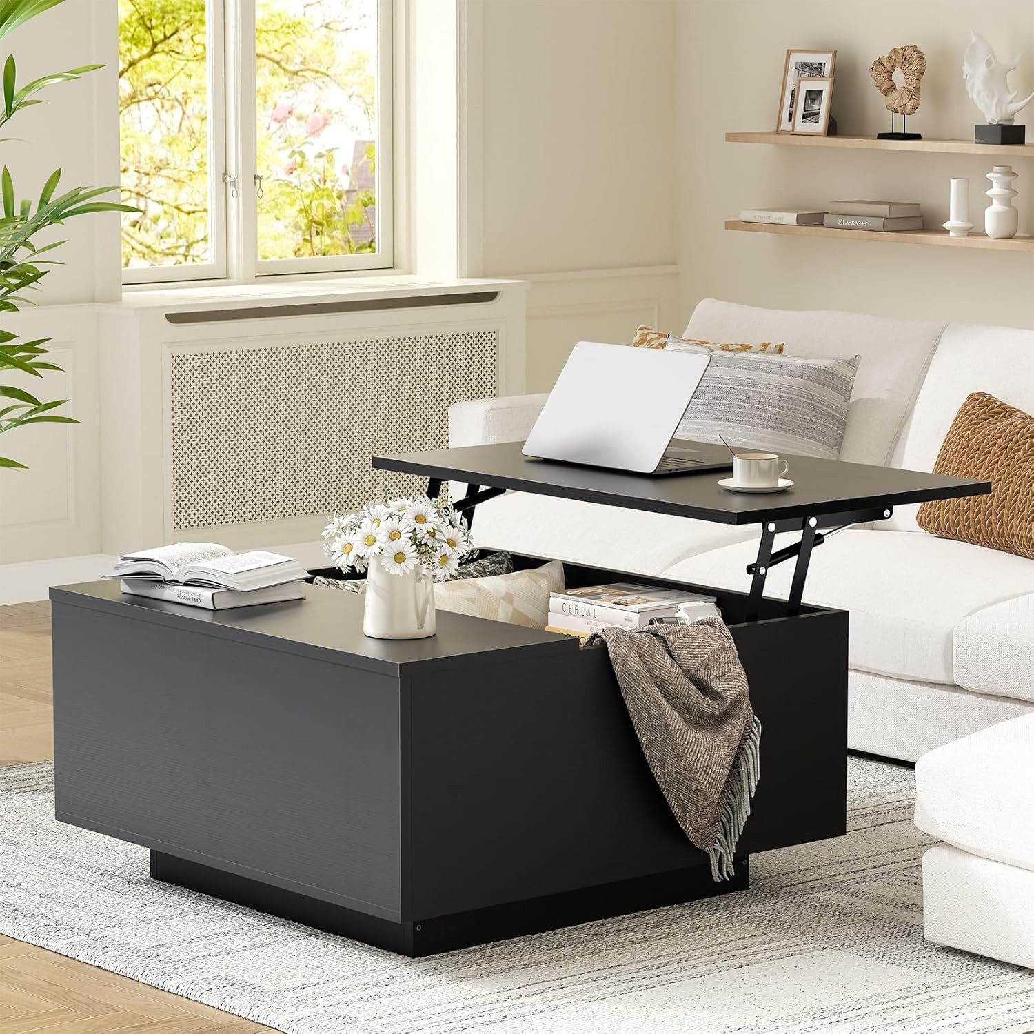 FABATO Couchtisch eckig, höhenverstellbar mit verstecktem Staufach, Landhaus-Design (1-St), mit einem sanften Hebe-Mechanismus, schwarz