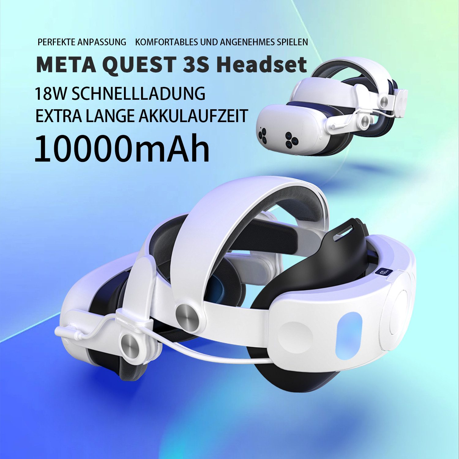 Tekoo VR Brillen-Halterung VR Headset Kopfband mit Akku 10000 mAh für Quest 3/3S, (Packung, 3-teiliges Set mit Kopfband, USB-C-Ladekabel und Anleitung, 10000 mAh Akku, USB-C, verstellbar, PU-Leder-Polster)