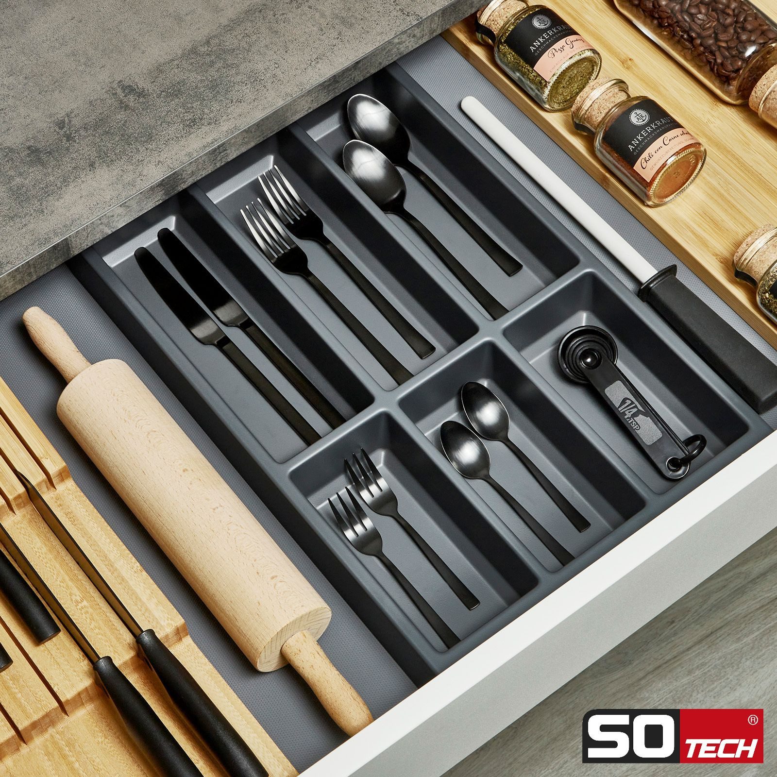 SO-TECH® Schubladeneinsatz SEPARADO Individual (300 x 474 x 51 mm) ab 40cm Schrankbreit (1 St), Besteckeinsatz schiefergrau genarbt für Besteck