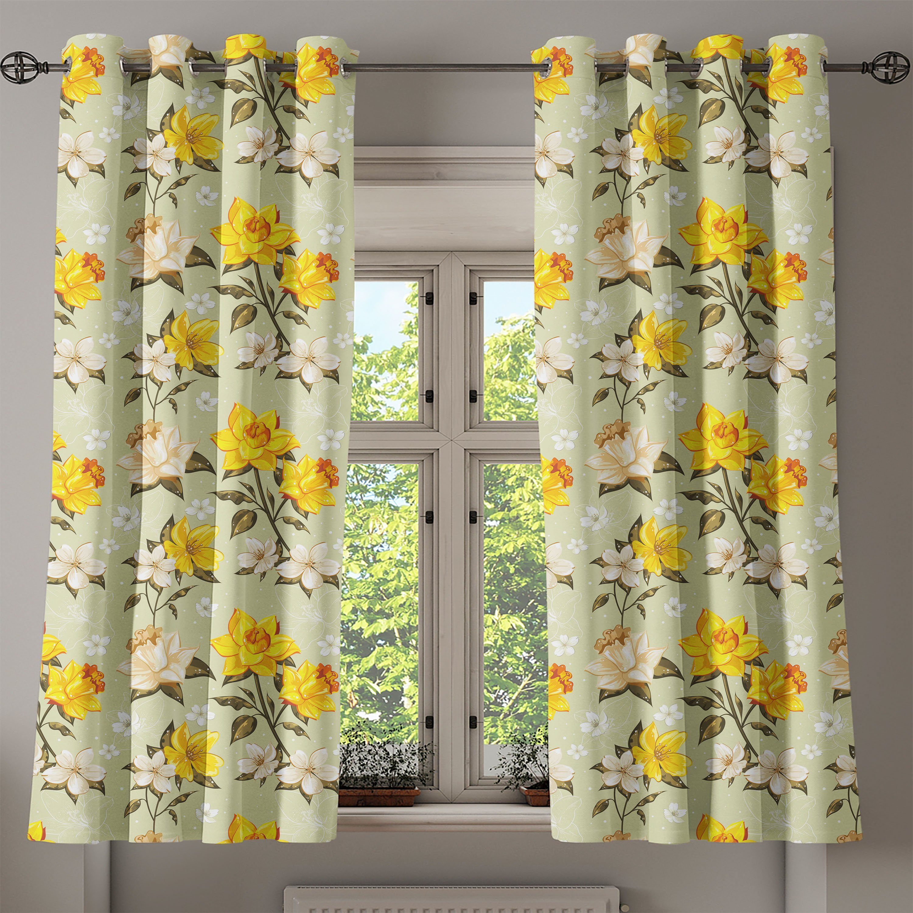 Frühling Wohnzimmer, 2-Panel-Fenstervorhänge Narcissus Gardine für Dekorative Ast Floral Schlafzimmer Abakuhaus,