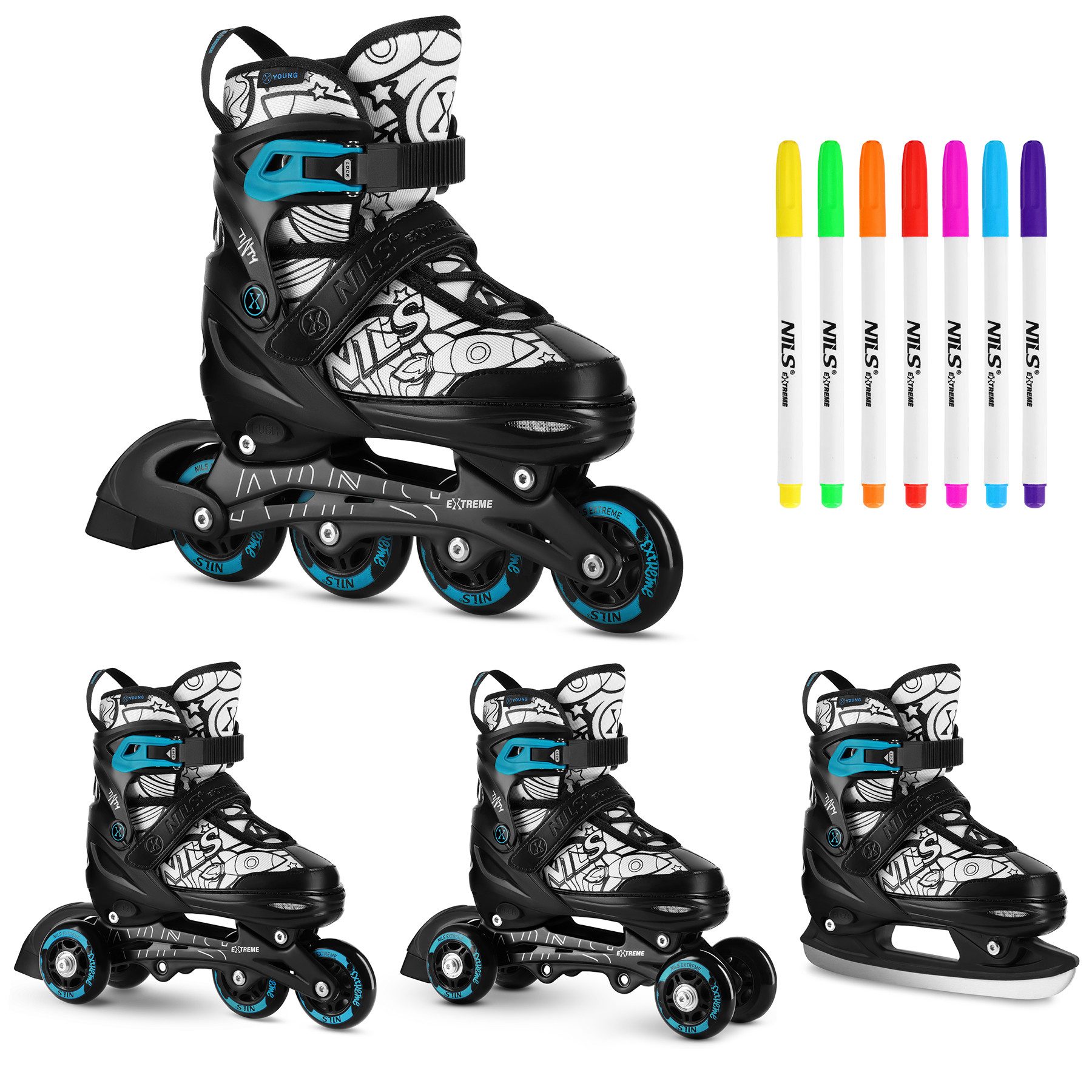 Inlineskates 4 in 1 Inliner verstellbare Skates Schlittschuhe Rollschuhe TINTY Blau