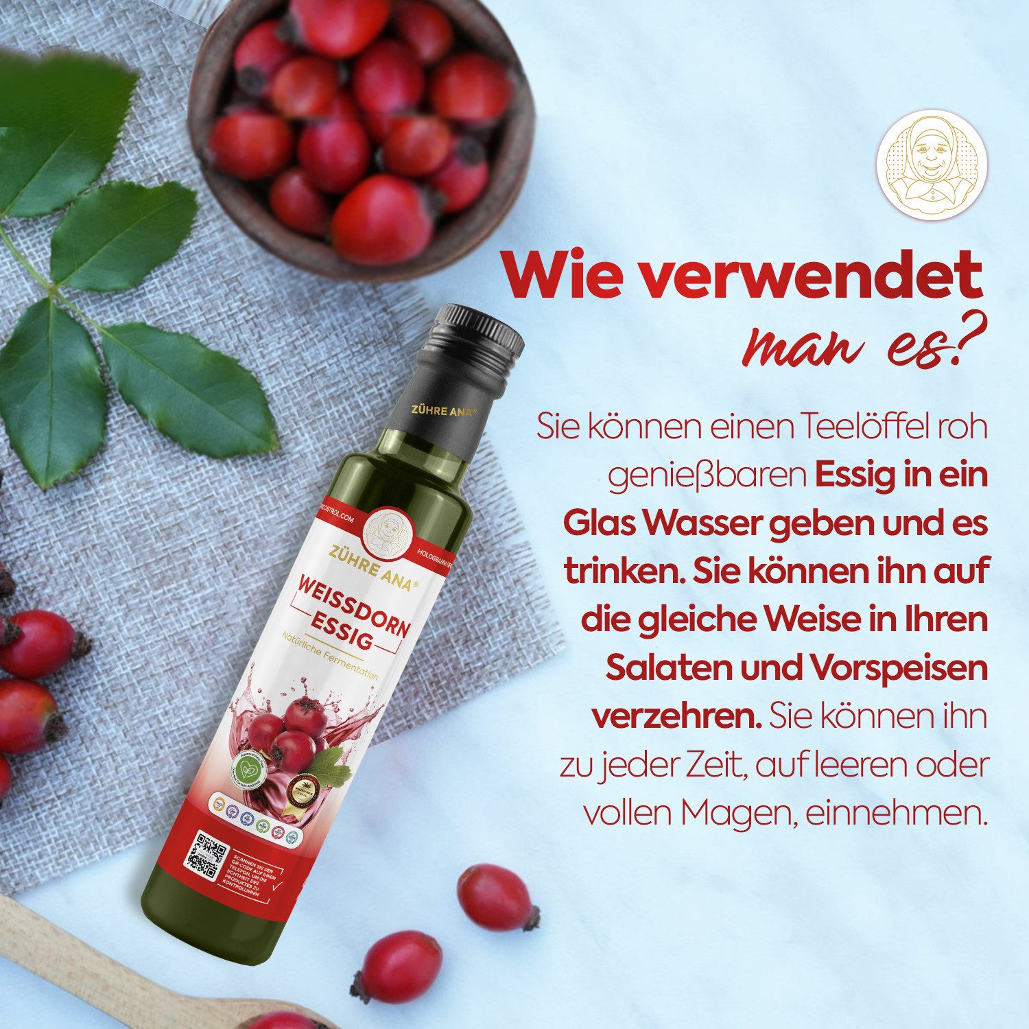 Zühre Ana® Essig Weißdornessig - natürlich fermentiert, Vitamin C., Natürlich Fermentiert