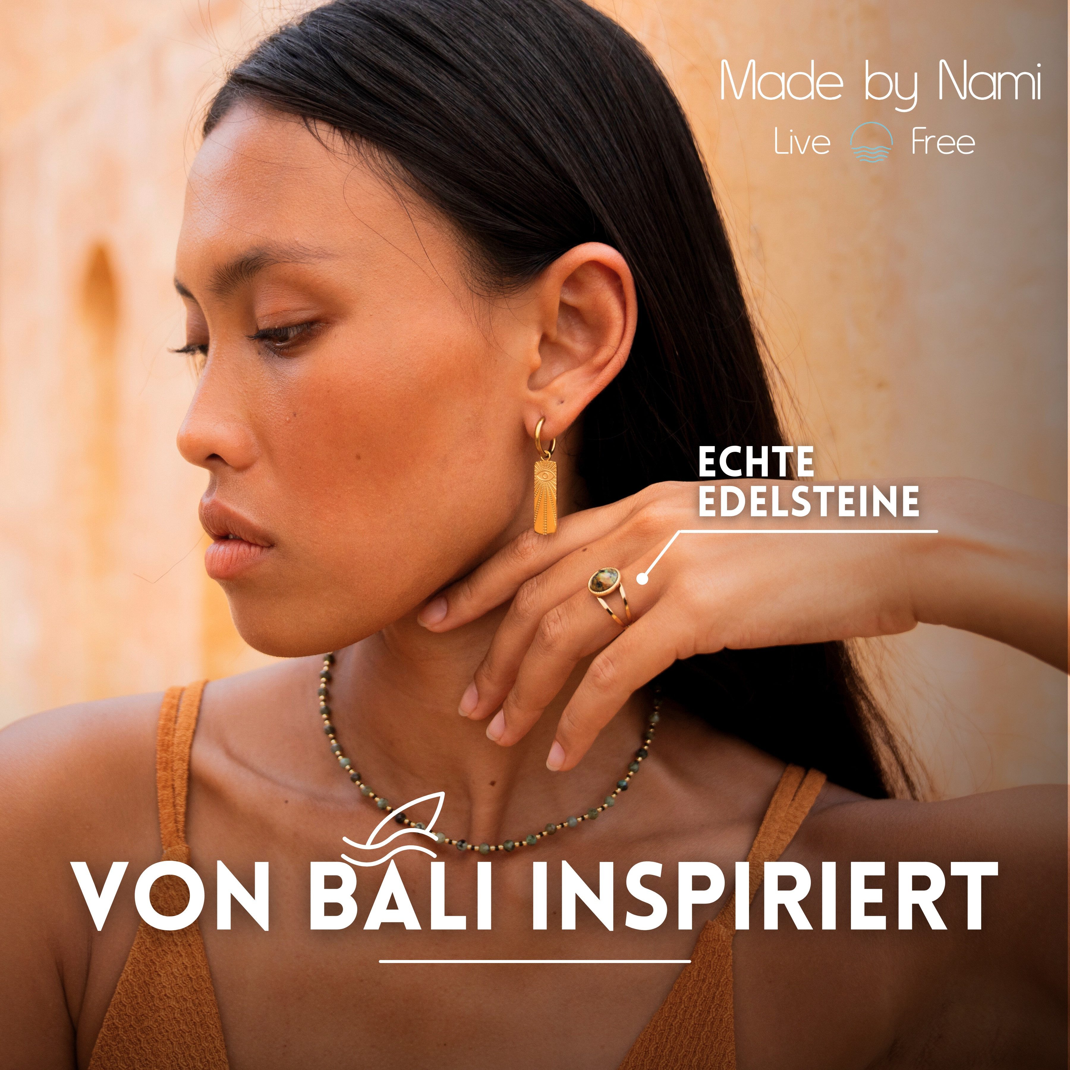Made by Nami Fingerring Gold Damen mit Edelstein aus Chirurgischem Edelstahl - Grauer Stein, Verstellbare Größe - Wasserfester Schmuck Hypoallergen
